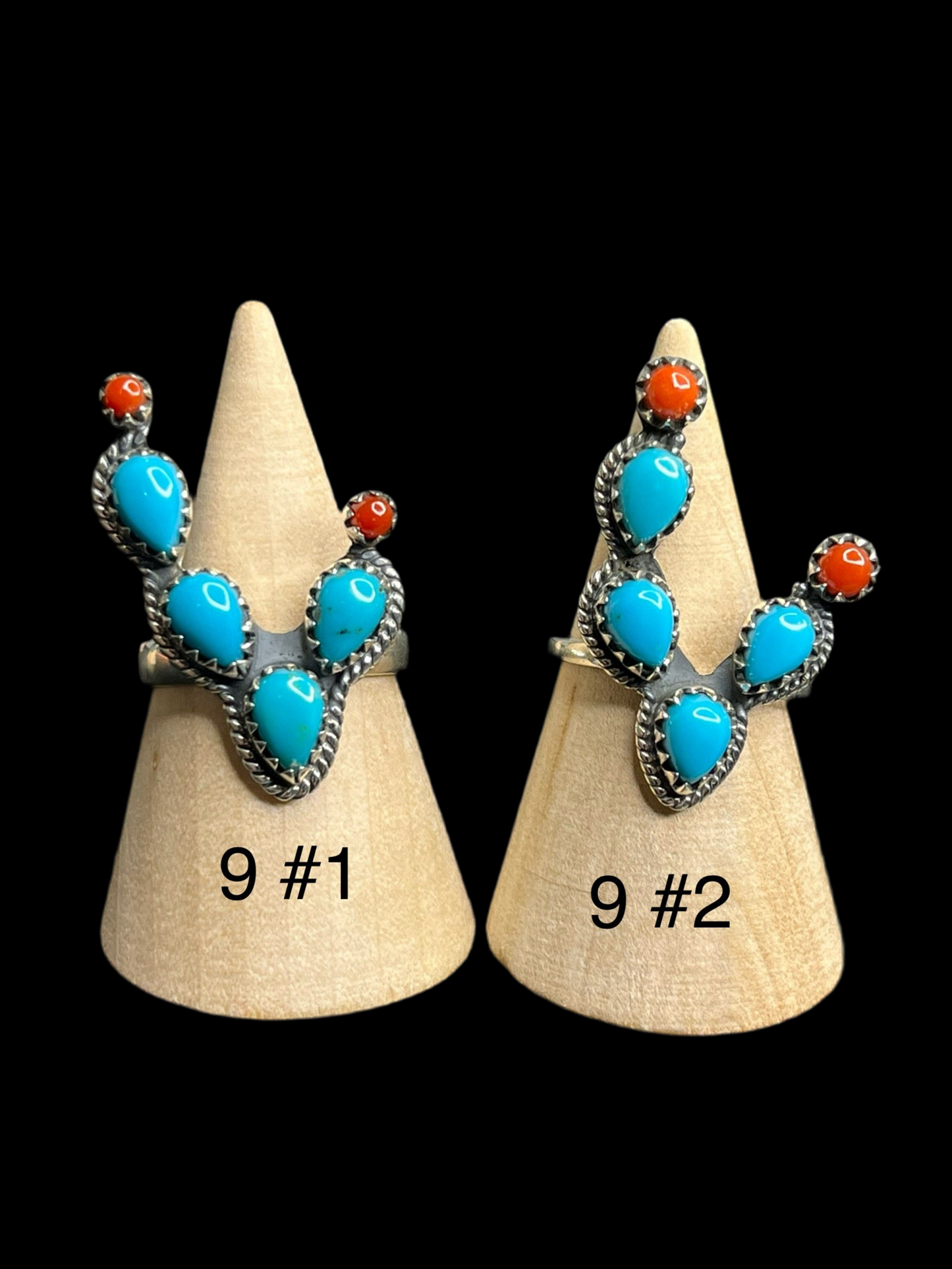 Kingman Turquoise & Coral Sterling Silver Cactus Rings