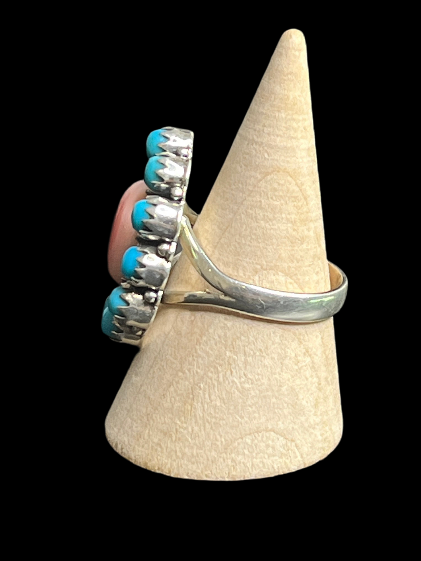 Pink Conch & Kingman Cluster Sterling Silver Ring - size 10.5