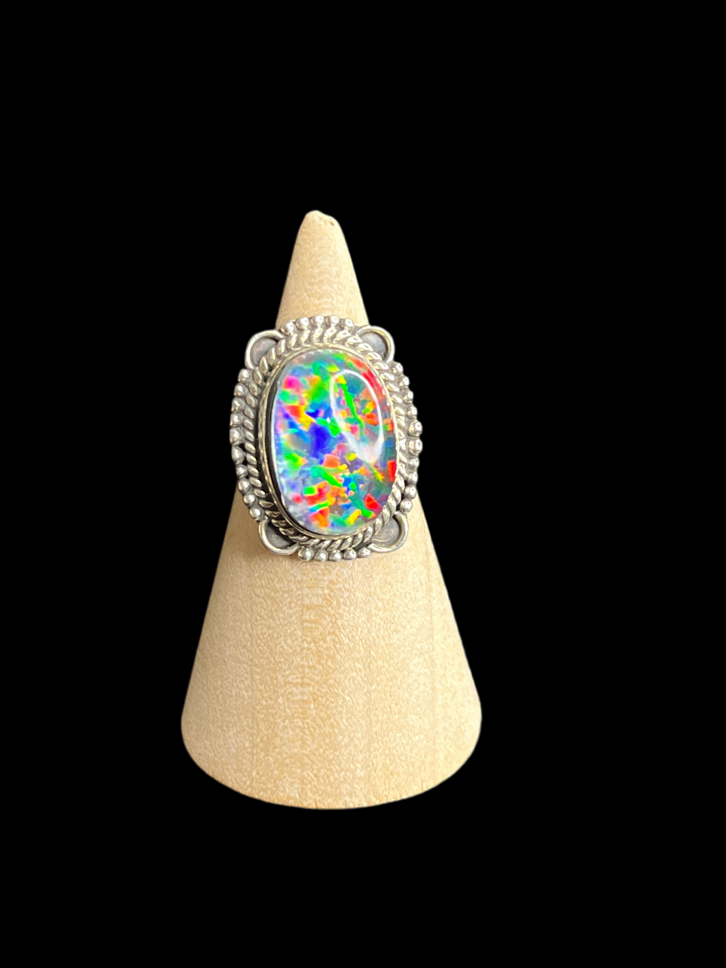 Aurora Opal Sterling Silver Rings - Size 4.75