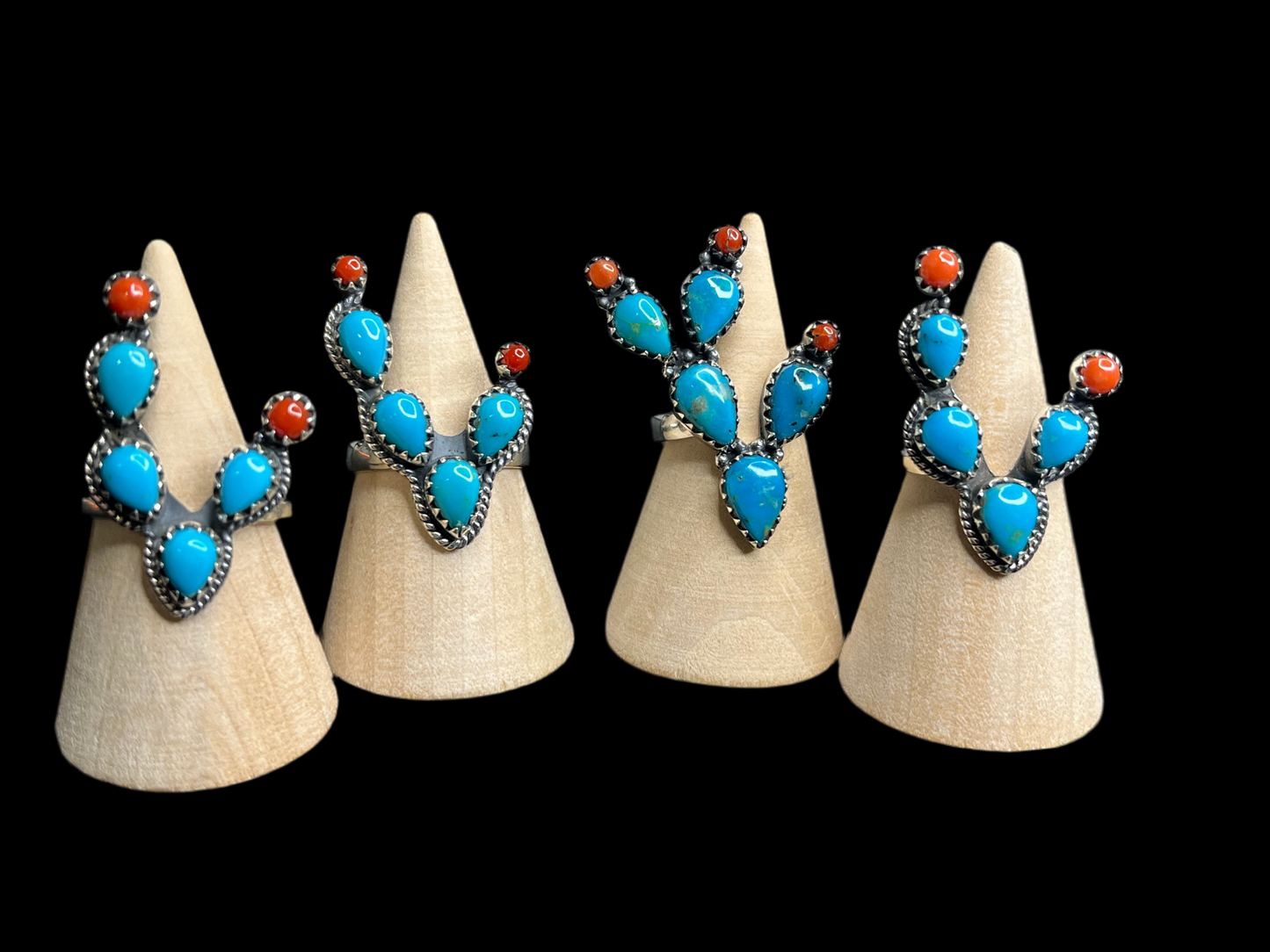 Kingman Turquoise & Coral Sterling Silver Cactus Rings