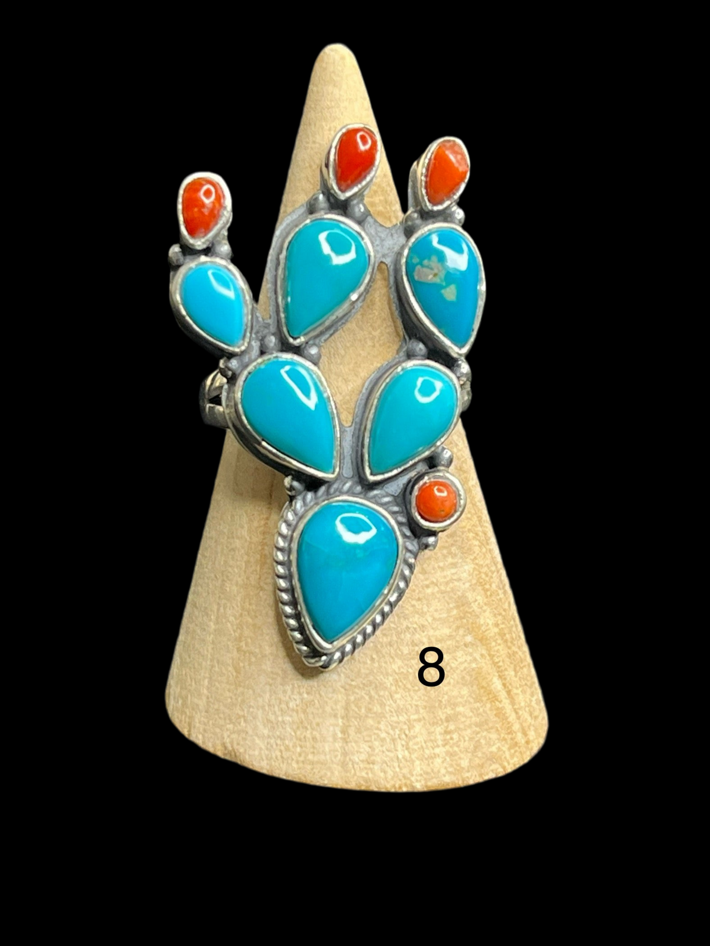Kingman Turquoise & Coral Sterling Silver Cactus Rings