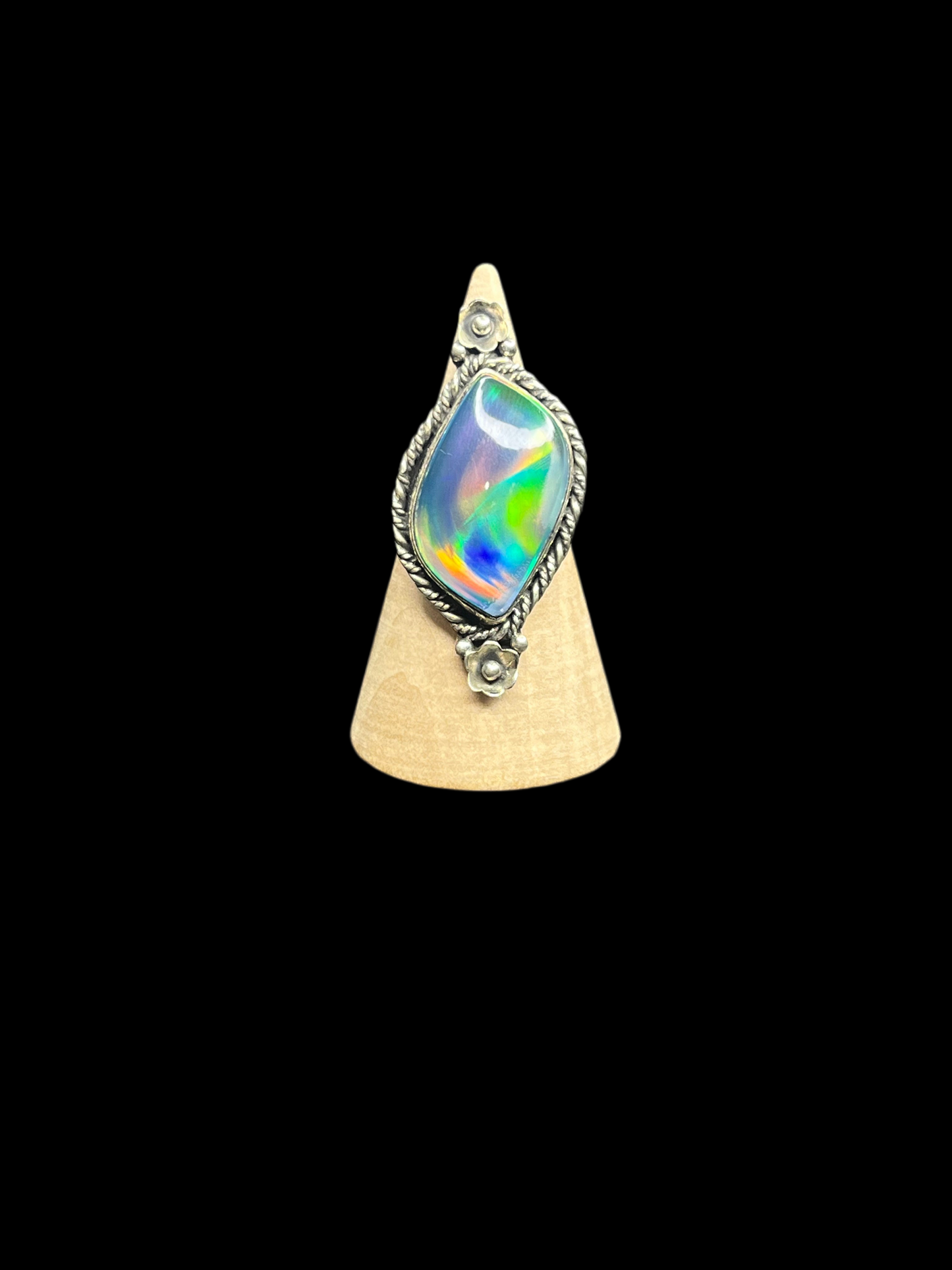 Aurora Opal Sterling Silver Rings - size 7.5