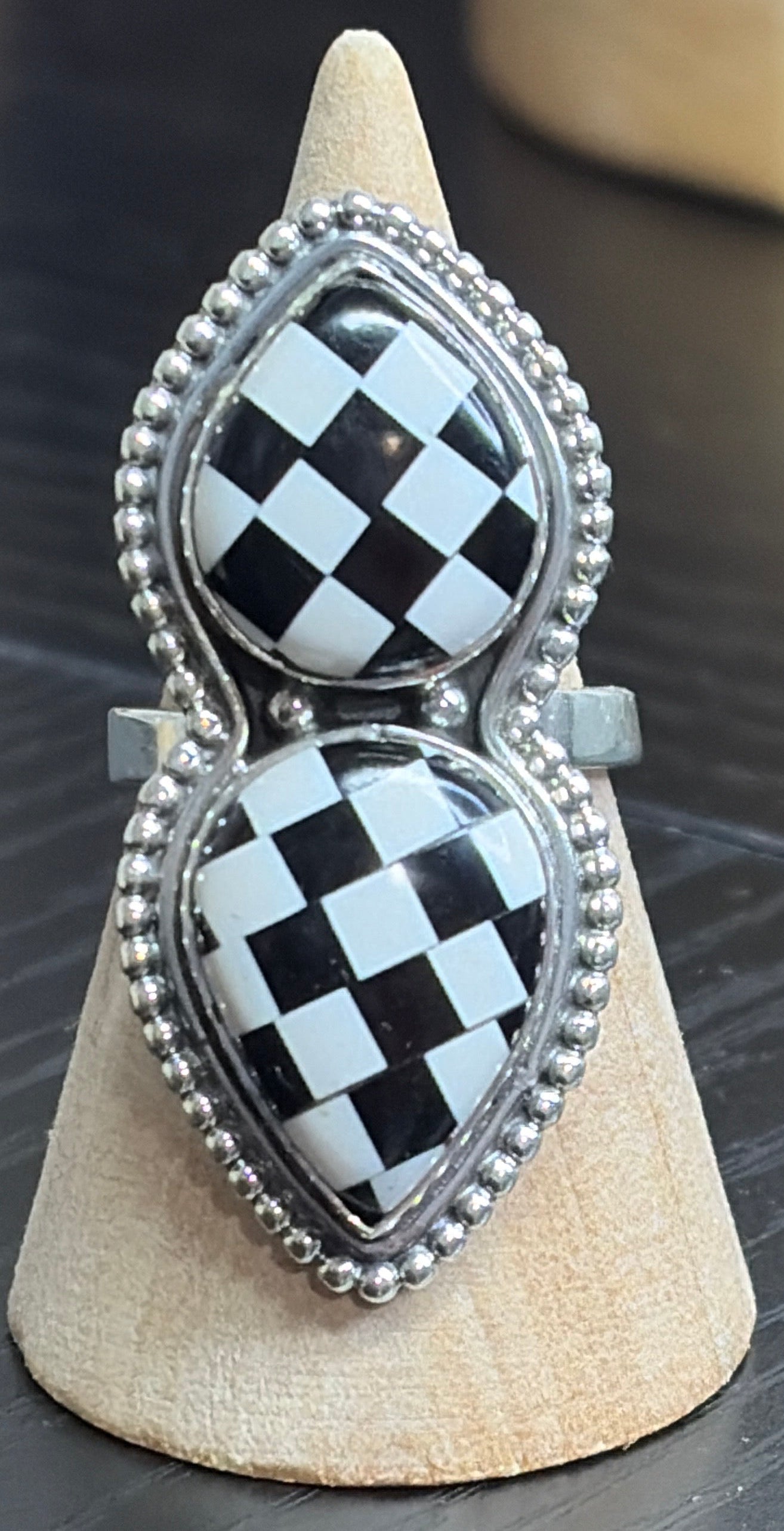Black Onyx Checker Ring - Adjustable