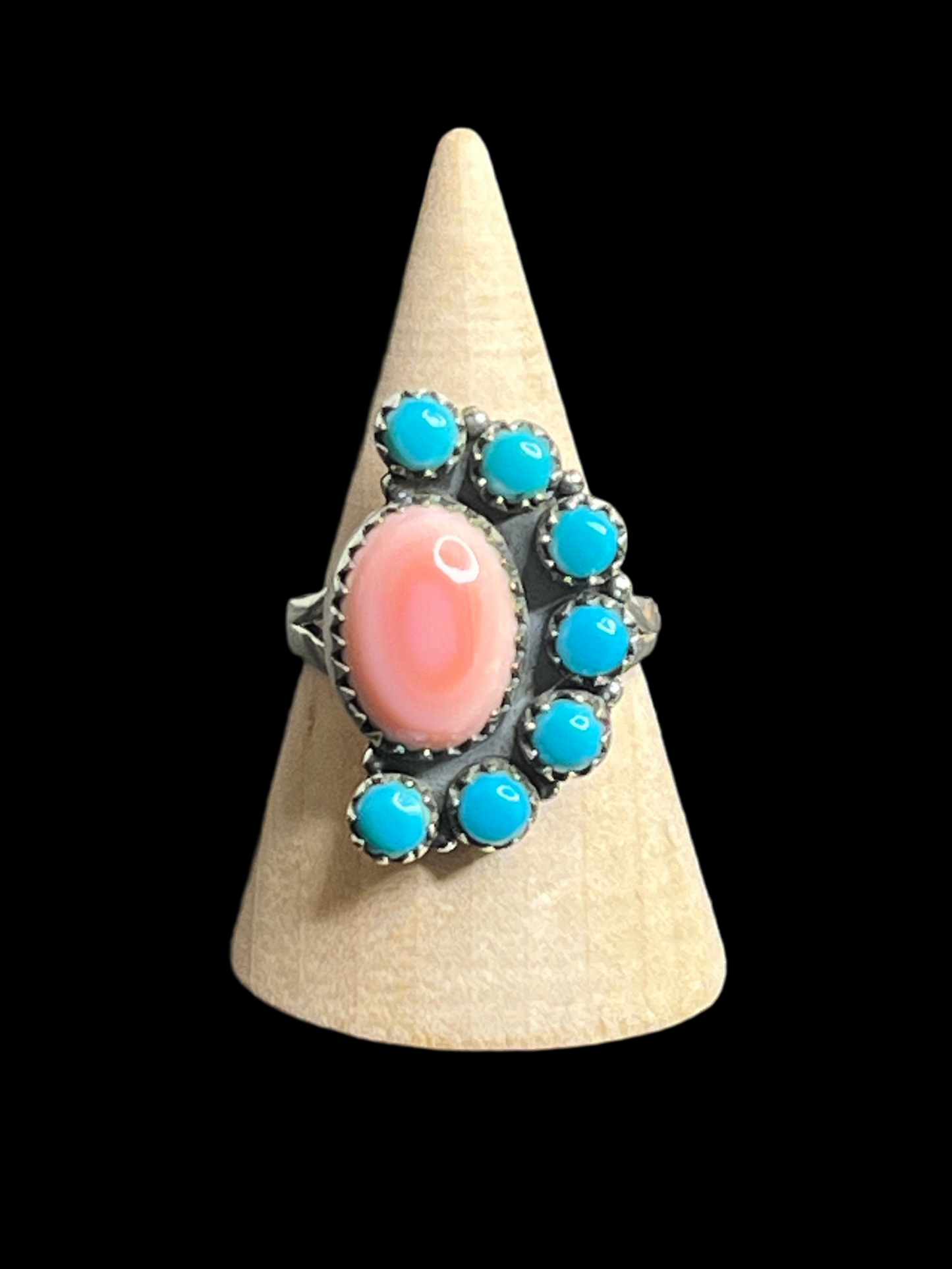 Pink Conch & Kingman Cluster Sterling Silver Ring - size 10.5