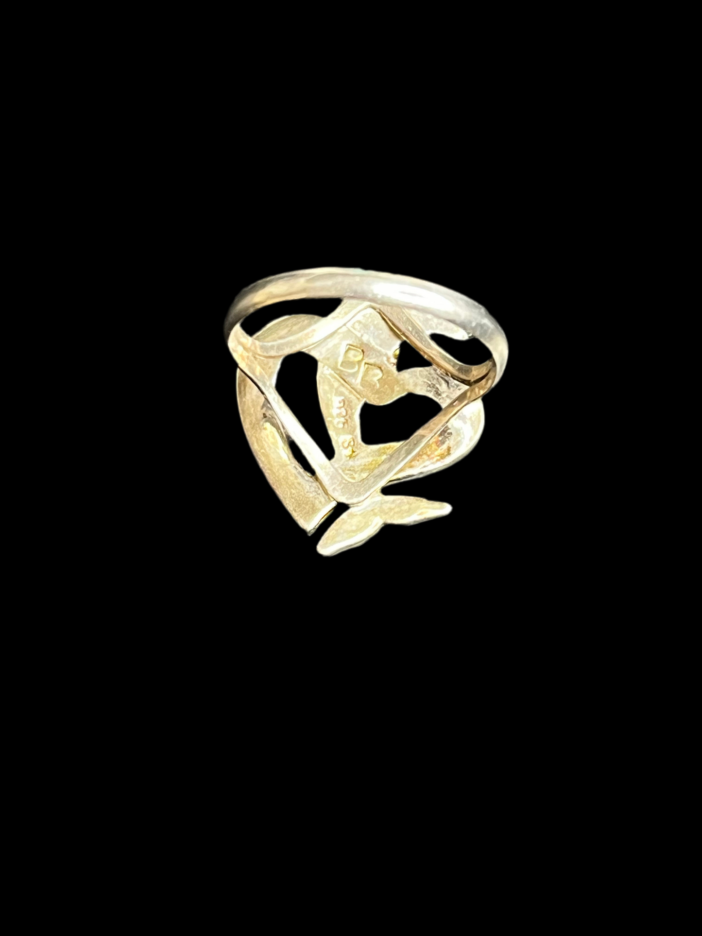 VINTAGE Mother of Pearl & Onyx Inlay Dolphin Sterling Silver Ring - Size 8 (Artist Signed)
