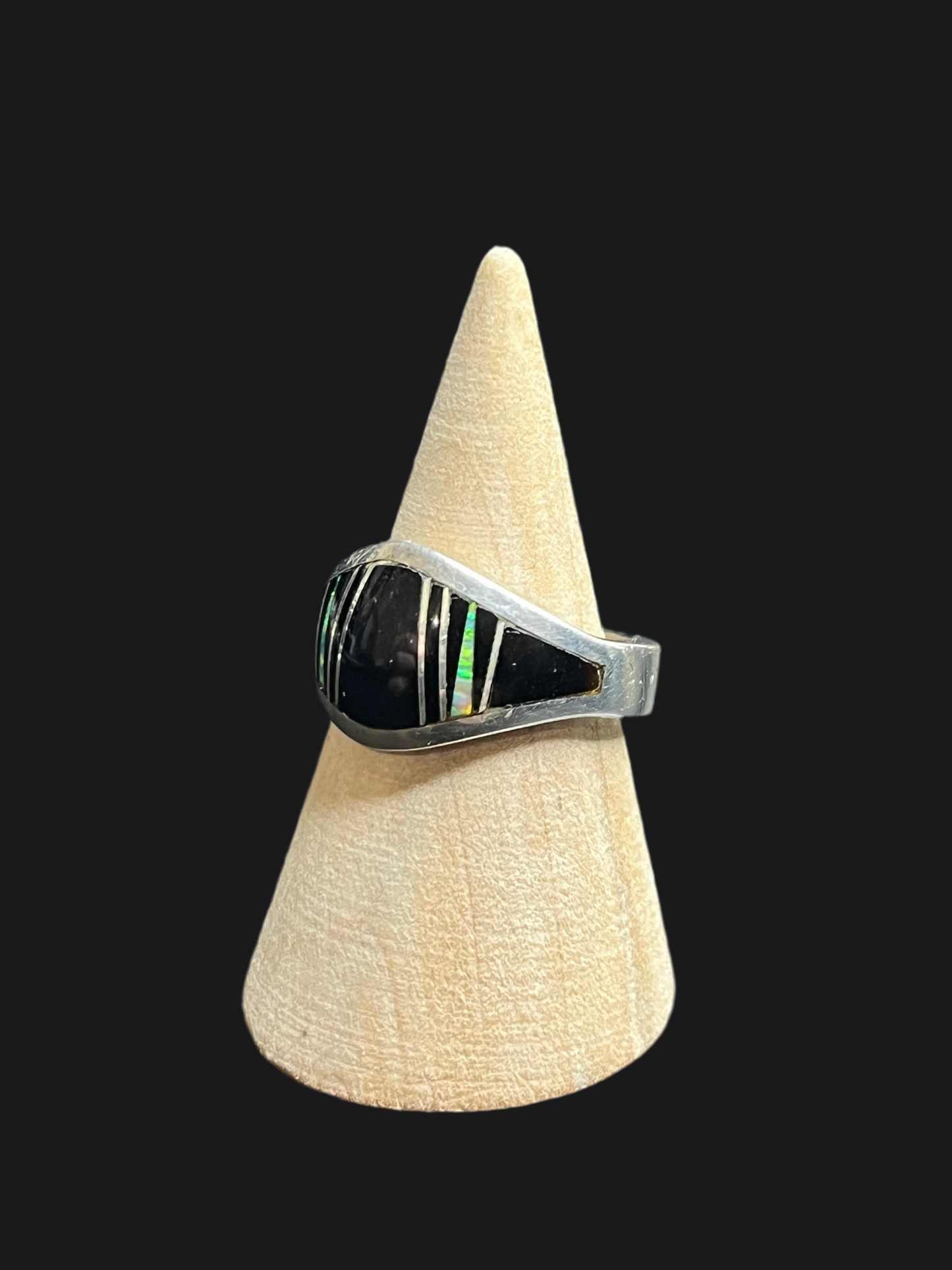 Navajo - Black Onyx & Opal Inlay Sterling Silver Ring - size 8.5