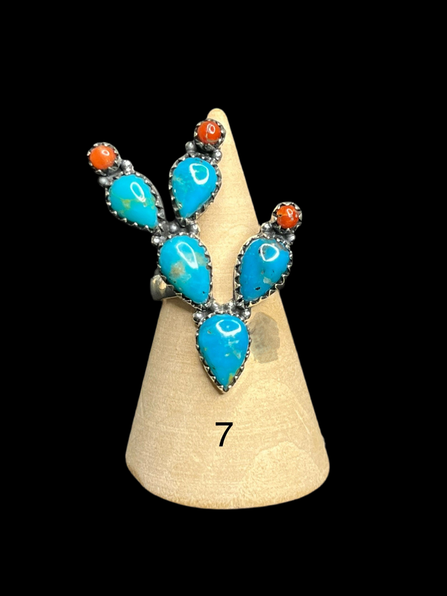 Kingman Turquoise & Coral Sterling Silver Cactus Rings