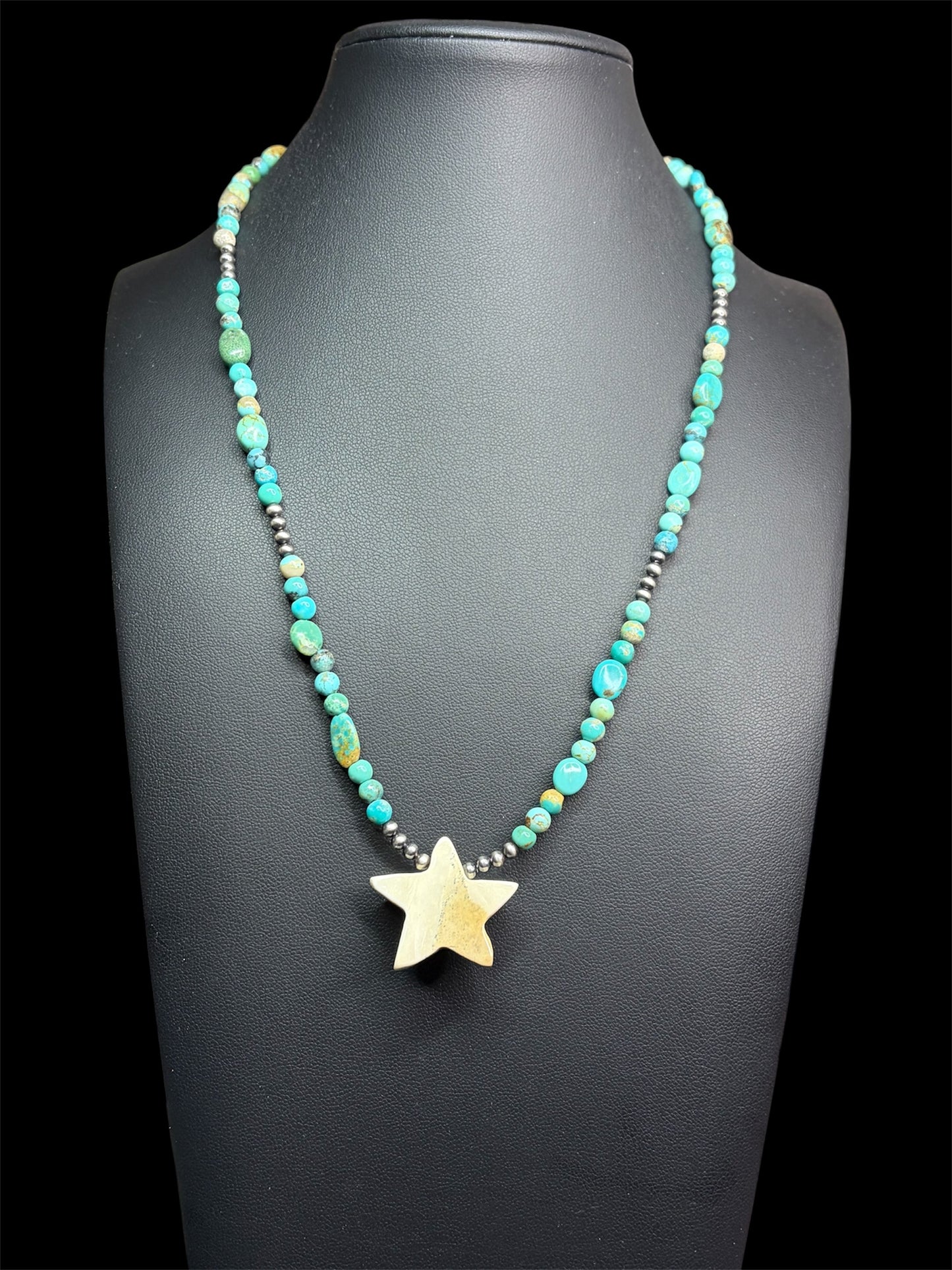Zuni Carved Star Fetish & Kingman Turquoise Necklace with Sterling Pearls
