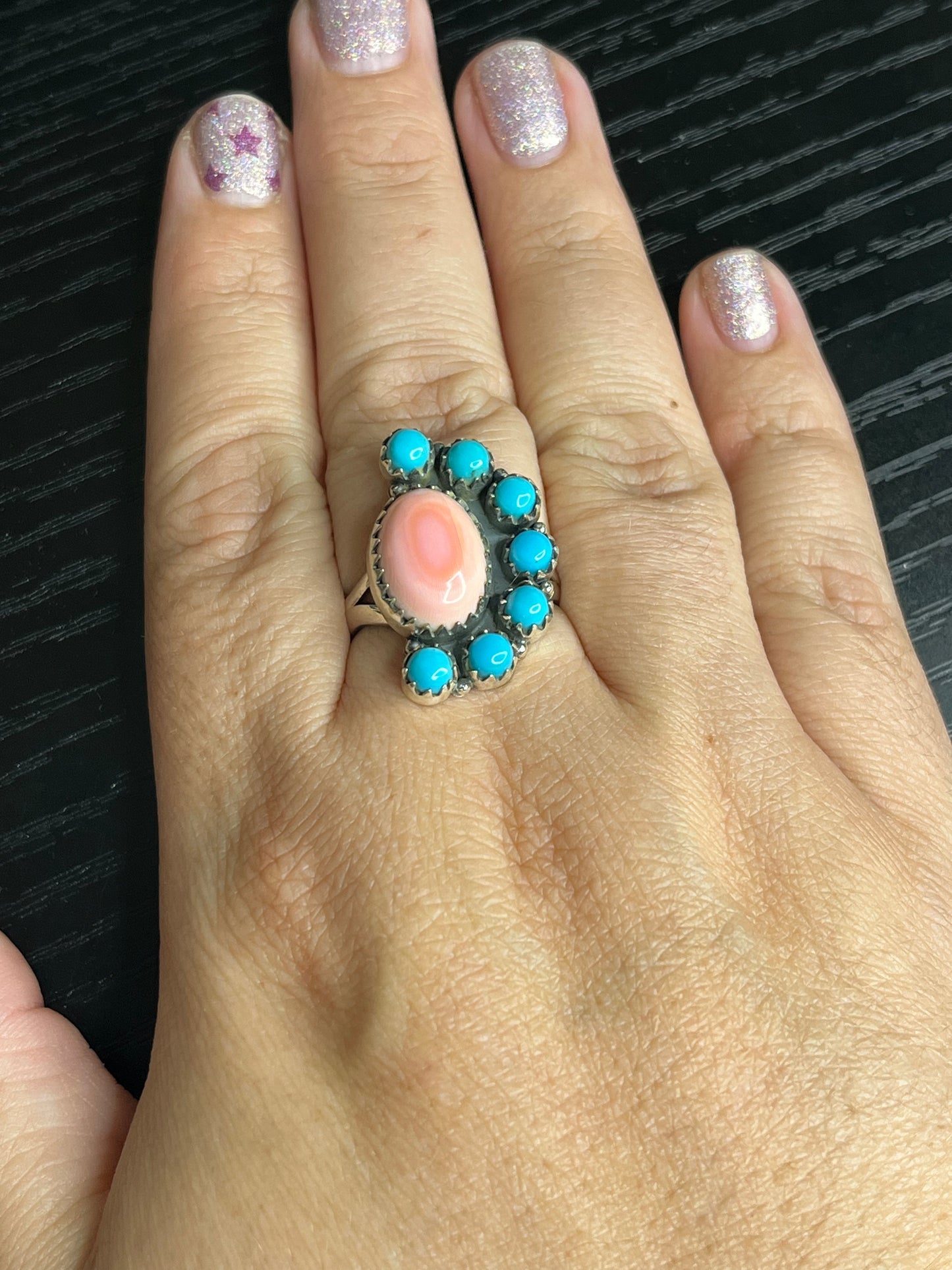 Pink Conch & Kingman Cluster Sterling Silver Ring - size 10.5