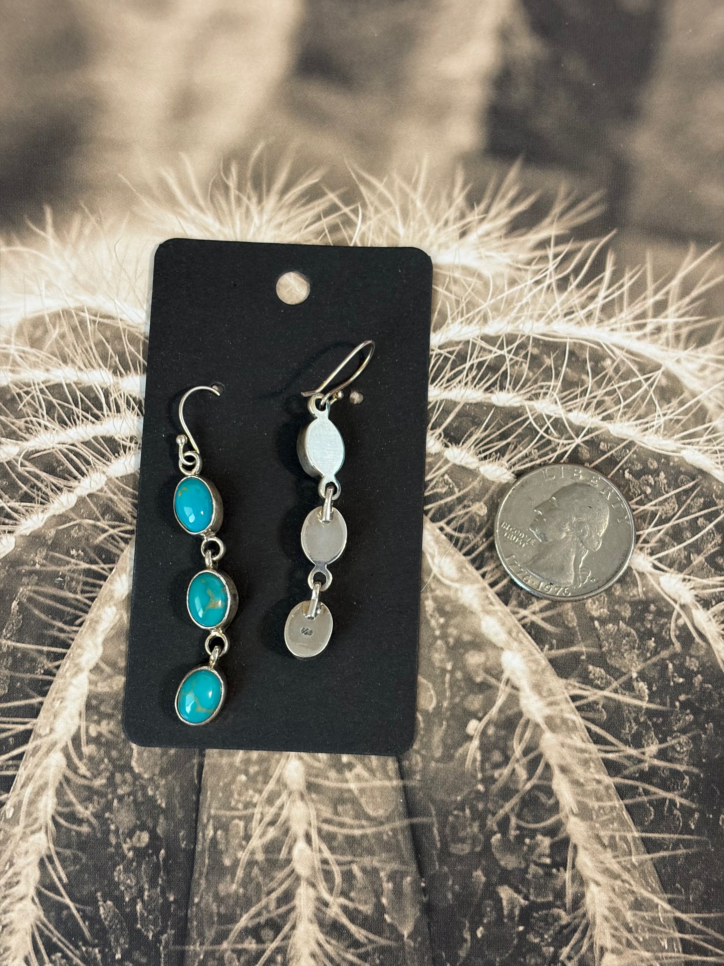 Handcrafted Kingman Turquoise 3-Stone Drop Dangle Earrings