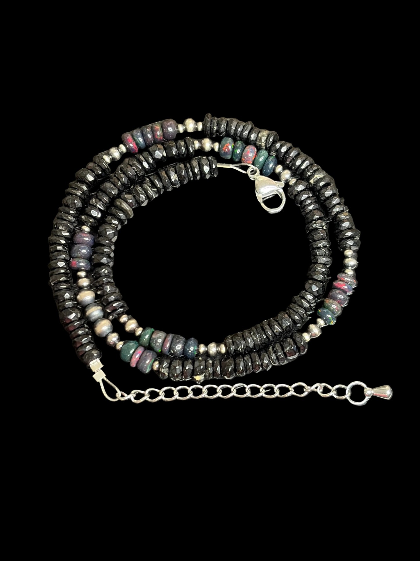 Black Onyx, Black Ethiopian Fire Opal & Sterling Pearl Necklace