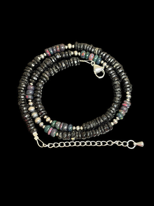 Black Onyx, Black Ethiopian Fire Opal & Sterling Pearl Necklace