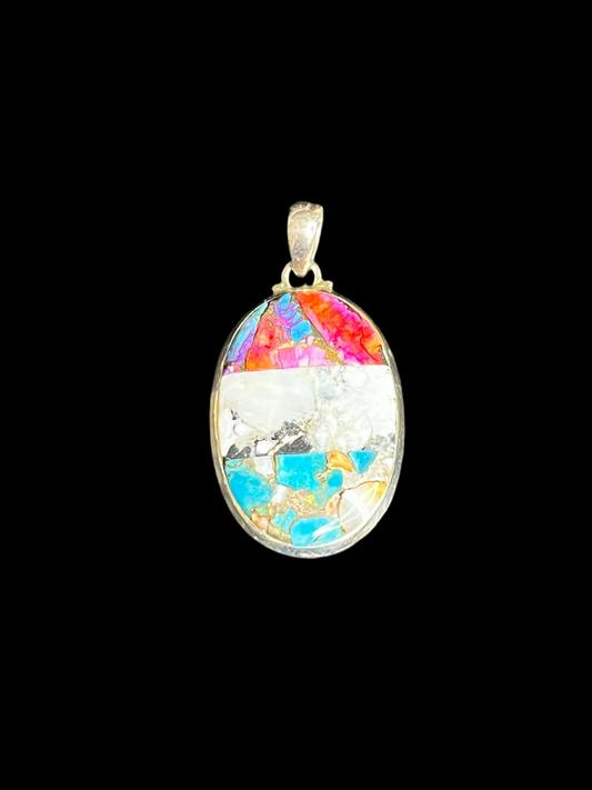 Triple Stone Sterling Silver pendant- Pink Dahlia, White Buffalo, Spiny Oyster