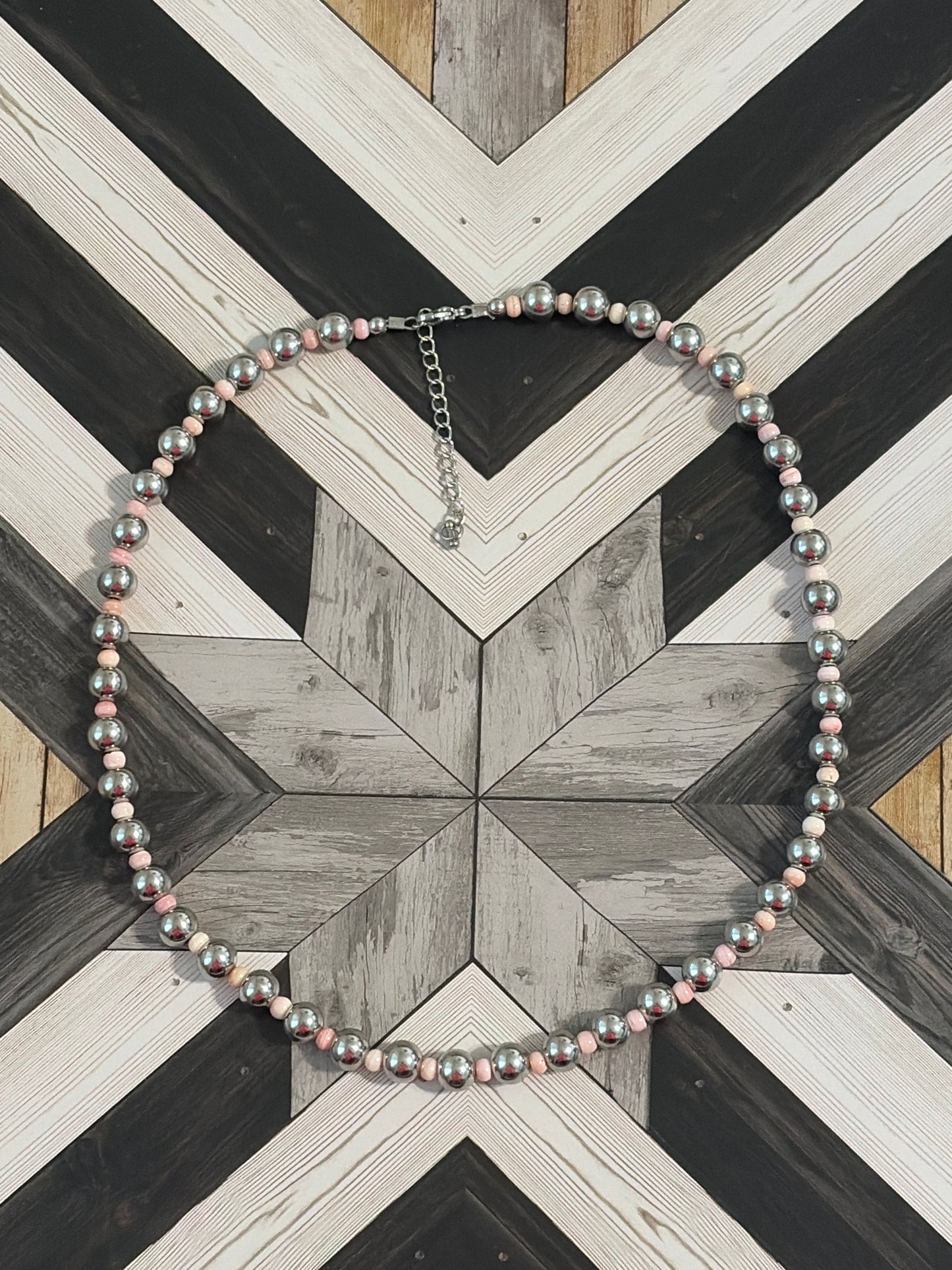 Desert Steel & Pink Conch Graduated Necklace (8mm & 4mm)