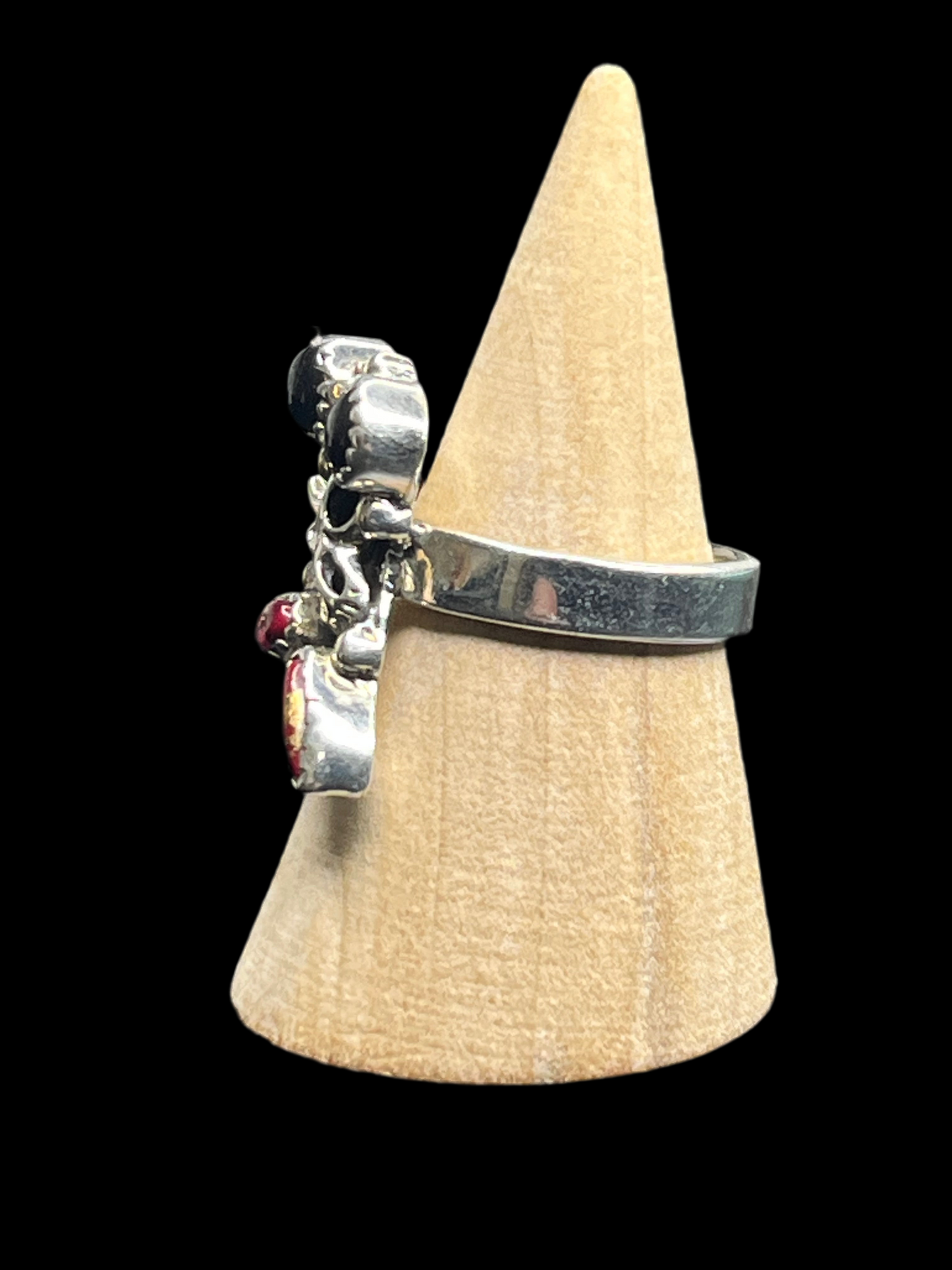 Steer Skull Red Dahlia & Black Onyx Ring - adjustable