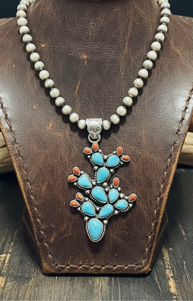 Kingman Turquoise & Coral Cactus Pendant