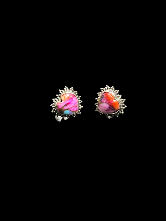 Pink Dahlia Heart - Stud Earrings