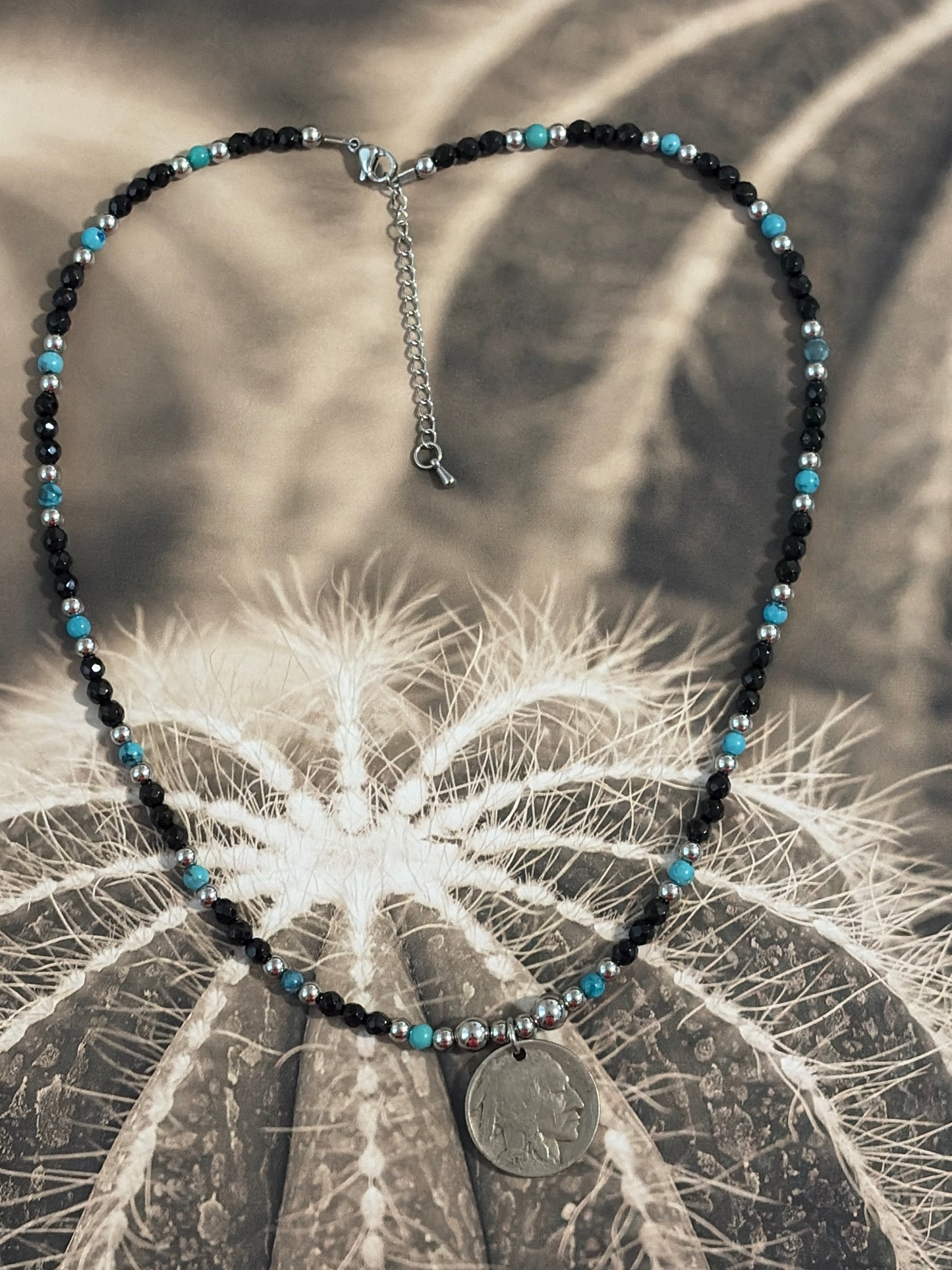 Black Onyx & Kingman Turquoise Buffalo Nickel Necklace