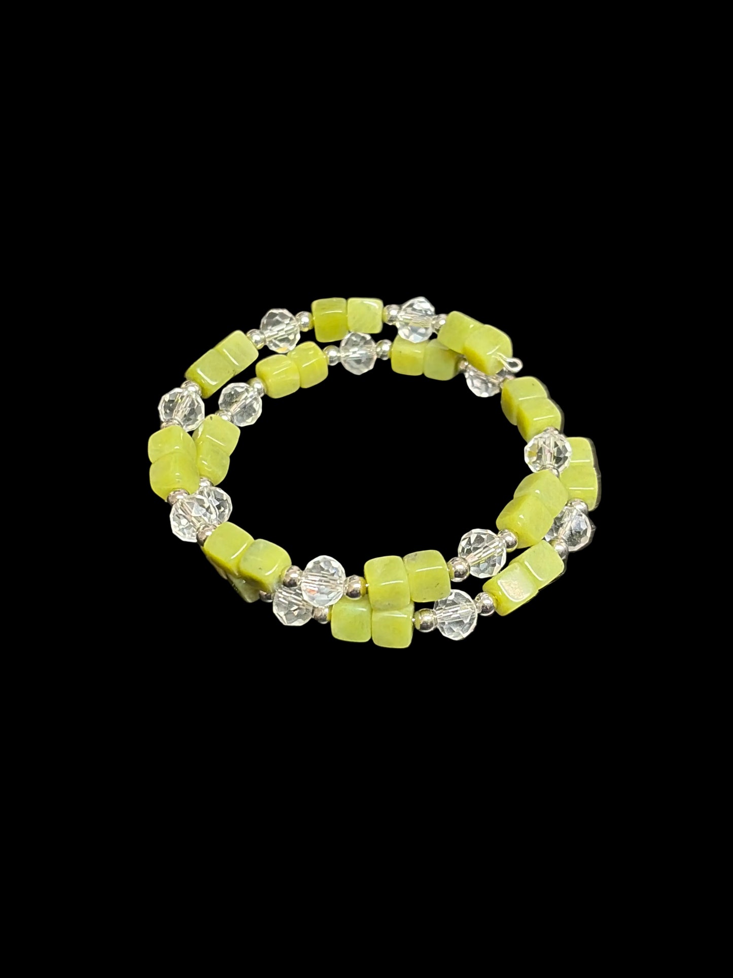 Natural Green Opal, Crystal, Stainless Memory Wire Bracelet