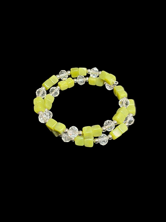 Natural Green Opal, Crystal, Stainless Memory Wire Bracelet