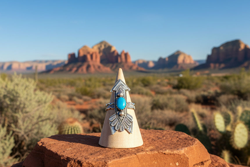 Handcrafted Kingman Turquoise Arrow Ring - size 8.25