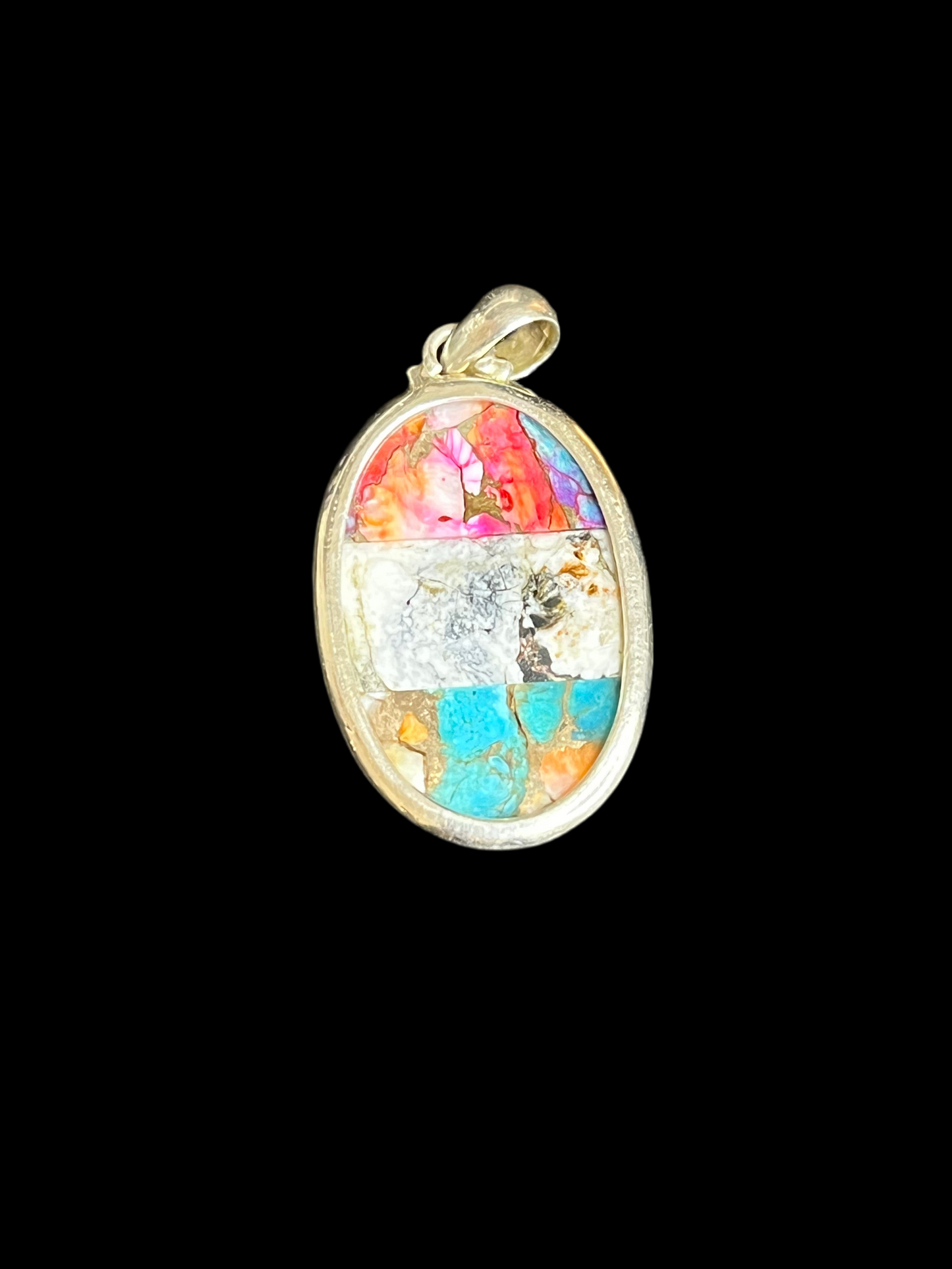 Triple Stone Sterling Silver pendant- Pink Dahlia, White Buffalo, Spiny Oyster