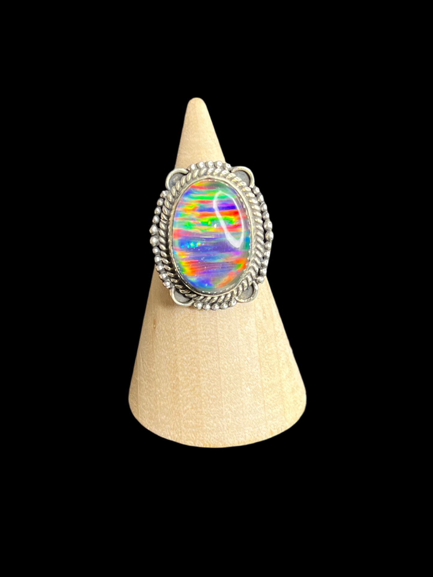 Aurora Opal Sterling Silver Rings - Size 4.75
