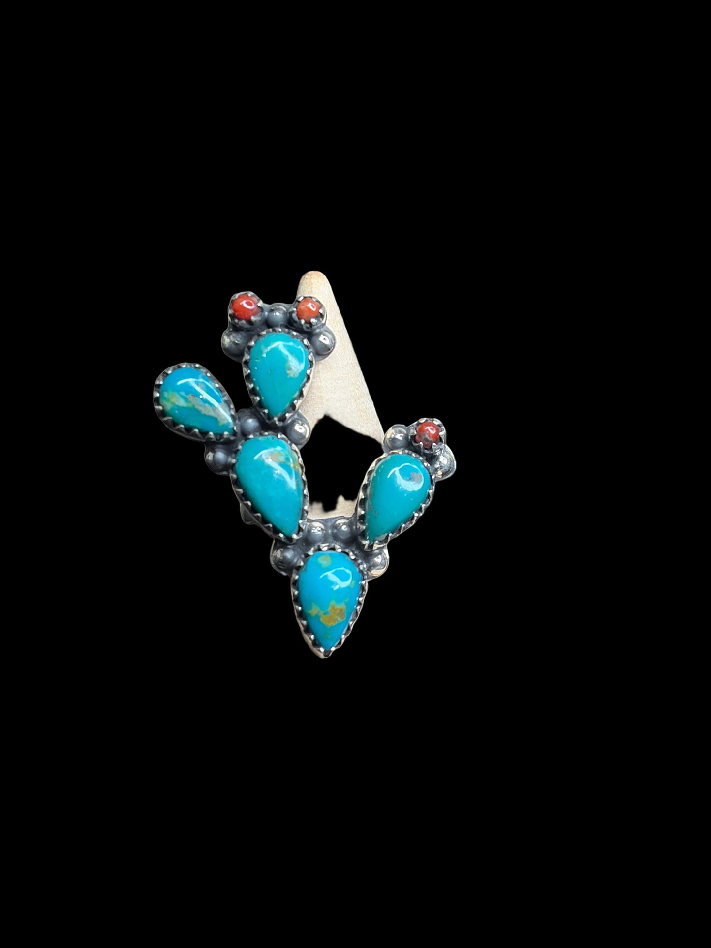 Kingman Turquoise, Coral, Pink Queen Conch Sterling Silver Cactus Rings