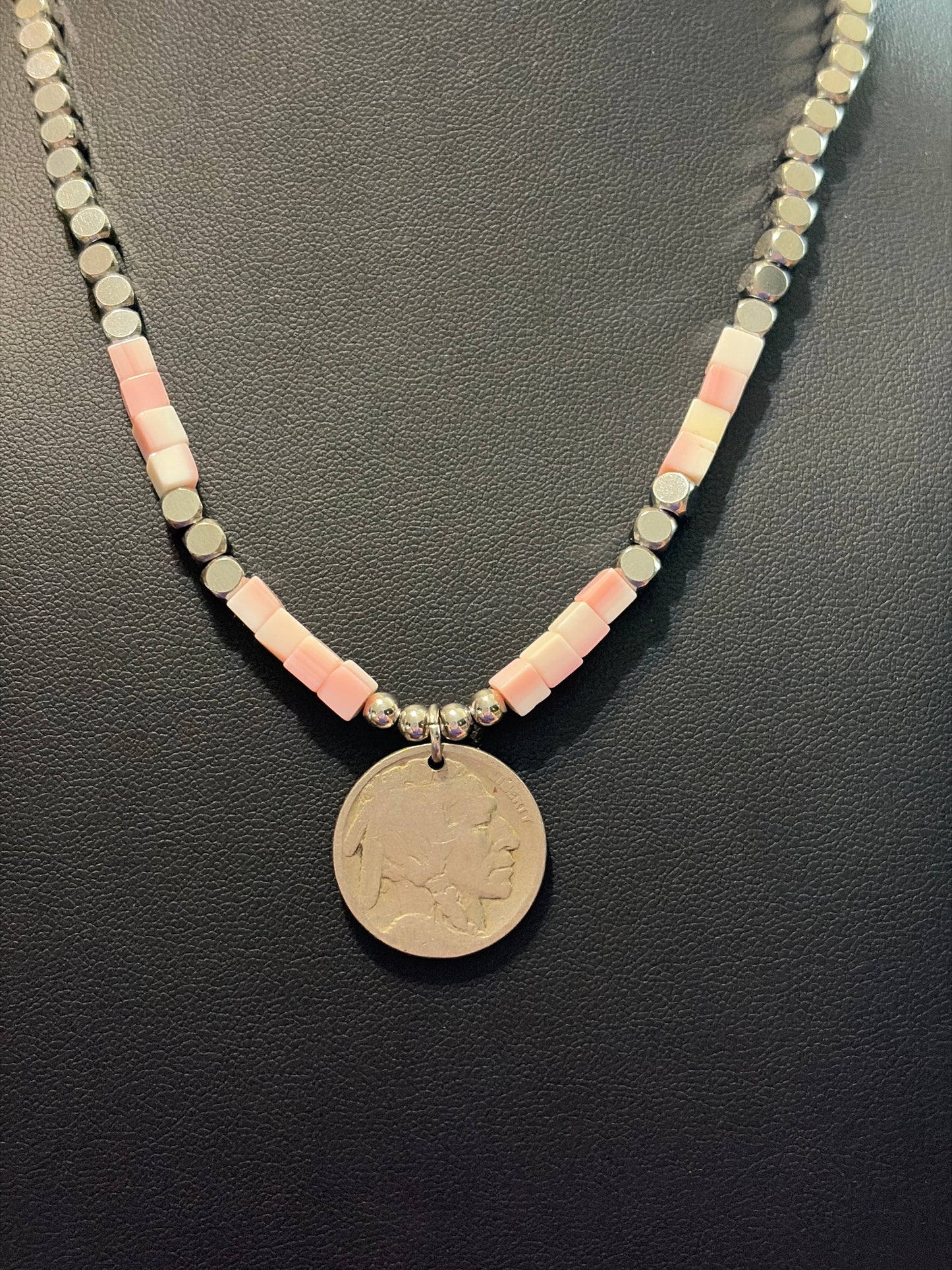 Cubic Pink Conch & Buffalo Nickel Necklace
