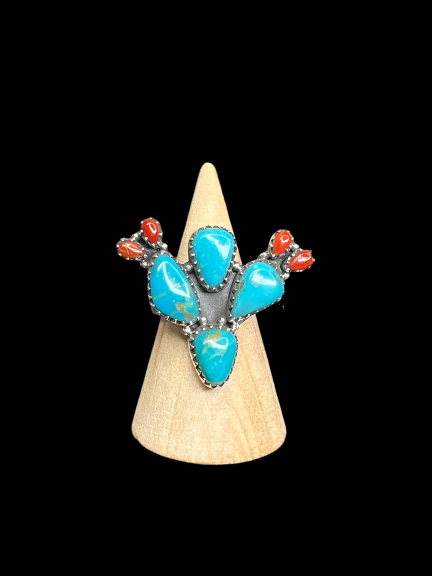 Kingman Turquoise, Coral, Pink Queen Conch Sterling Silver Cactus Rings