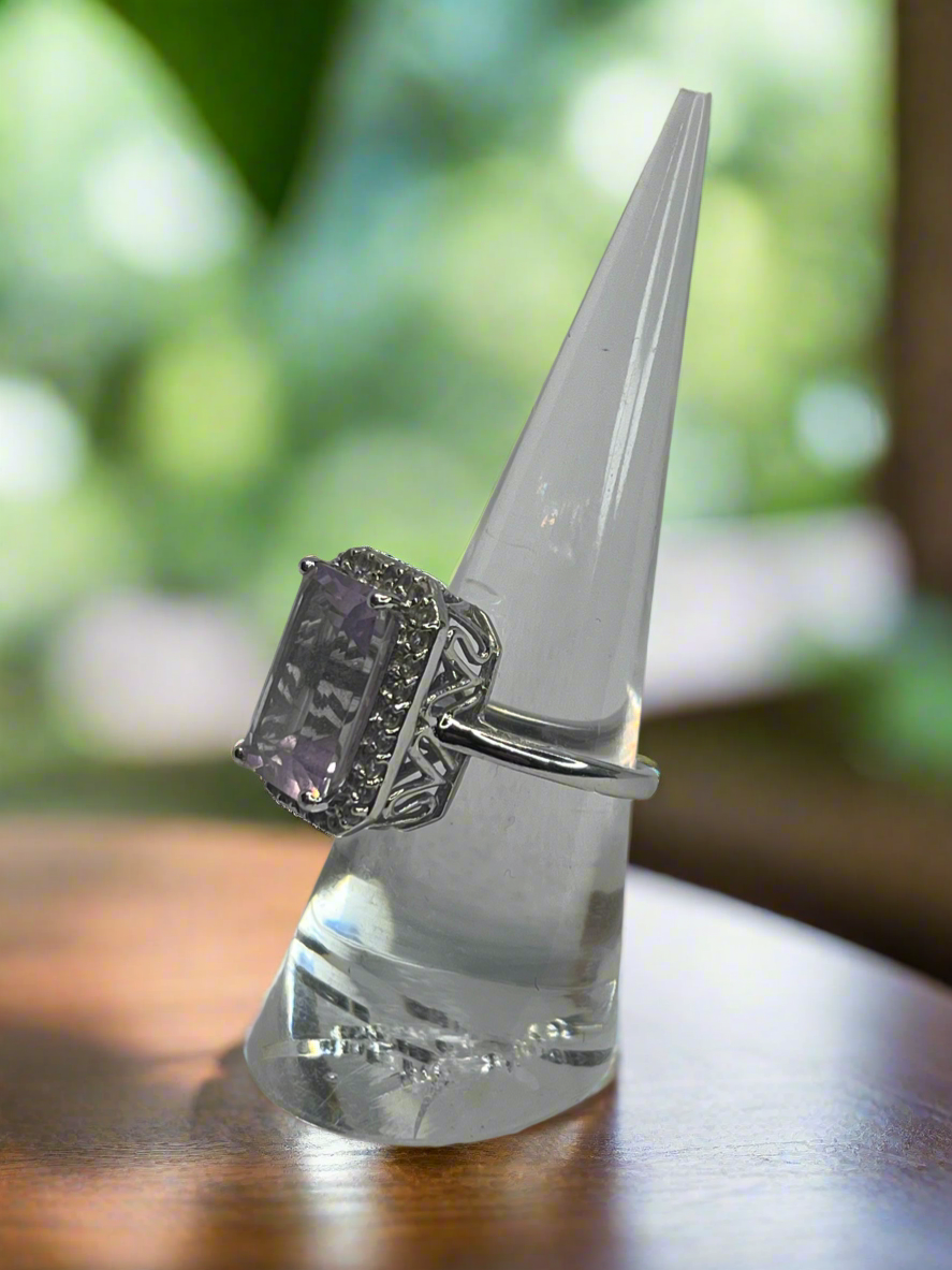 Genuine Amethyst - Emerald Cut Sterling Silver Ring - size 6.5