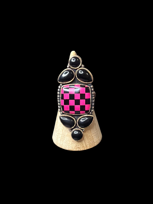 Copper - Black Onyx with Black & Pink Checker Enamel Ring - Adjustable