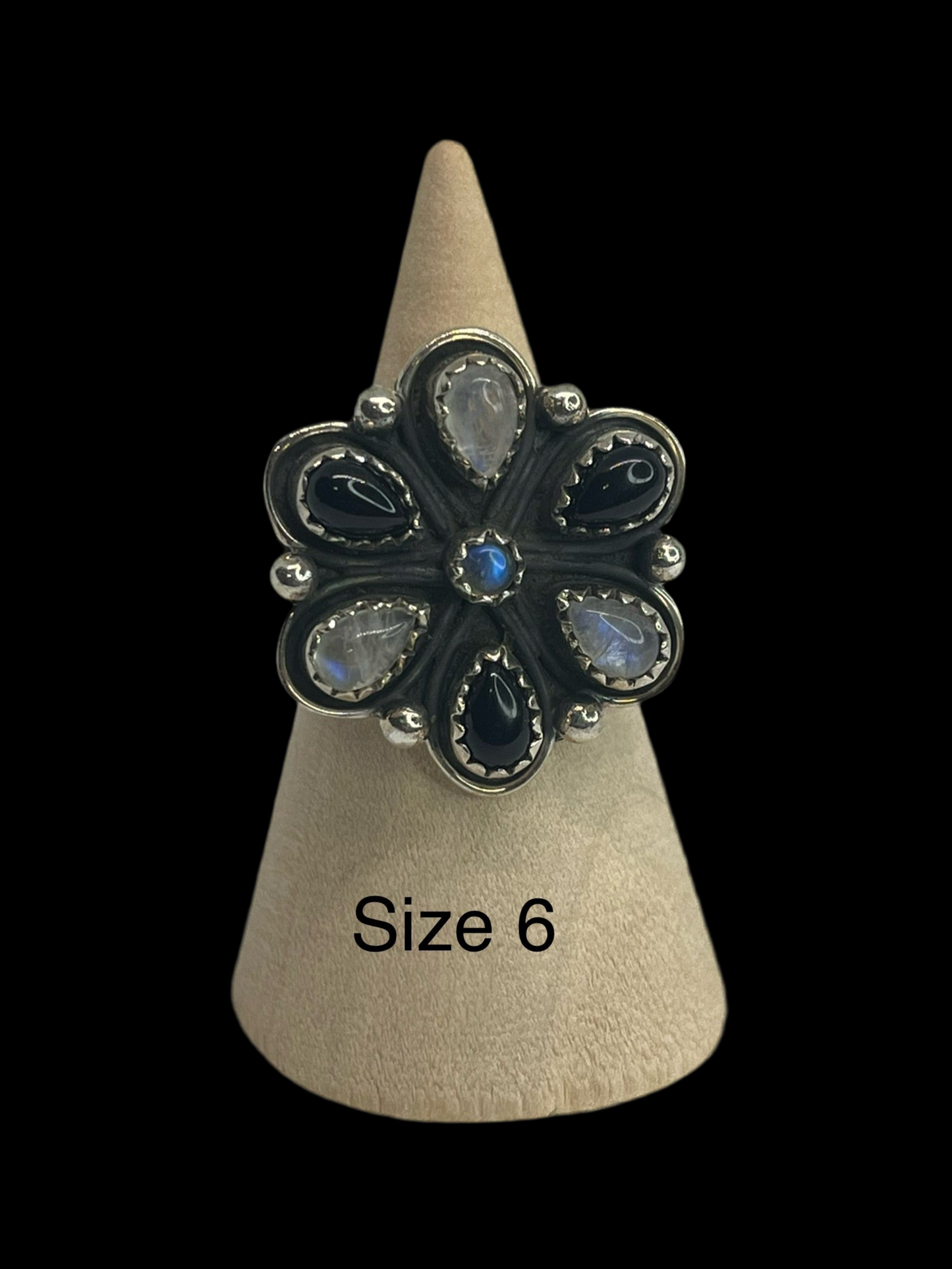 Black Onyx & Moonstone Sterling Silver Cluster Ring - Size 6