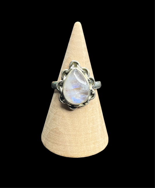 Rainbow Moonstone Sterling Silver Ring - Size 9