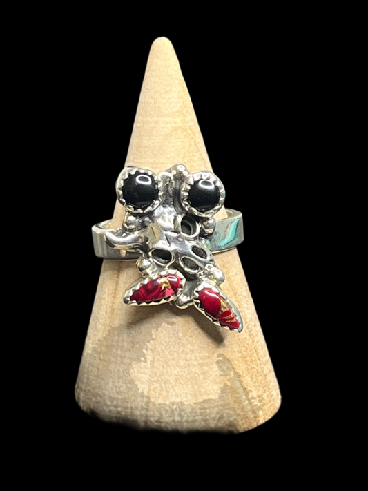 Steer Skull Red Dahlia & Black Onyx Ring - adjustable