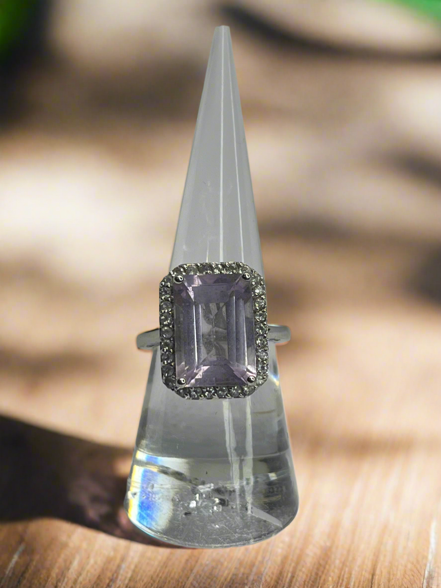 Genuine Amethyst - Emerald Cut Sterling Silver Ring - size 6.5