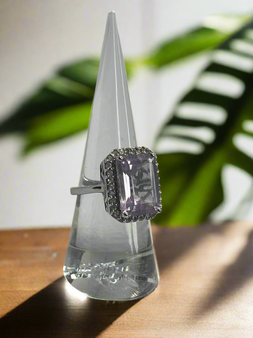 Genuine Amethyst - Emerald Cut Sterling Silver Ring - size 6.5