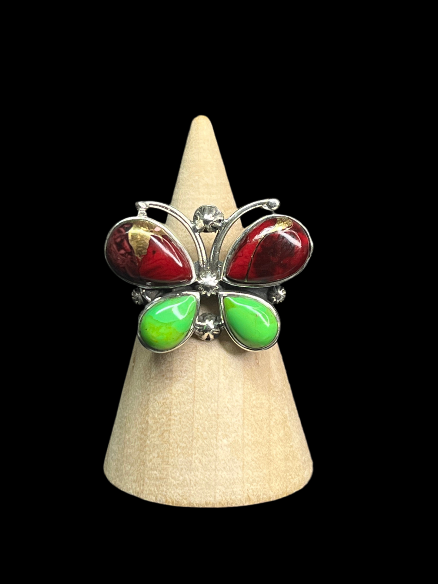 Red Dahlia & Green Mojave Turquoise Butterfly Ring - size 6