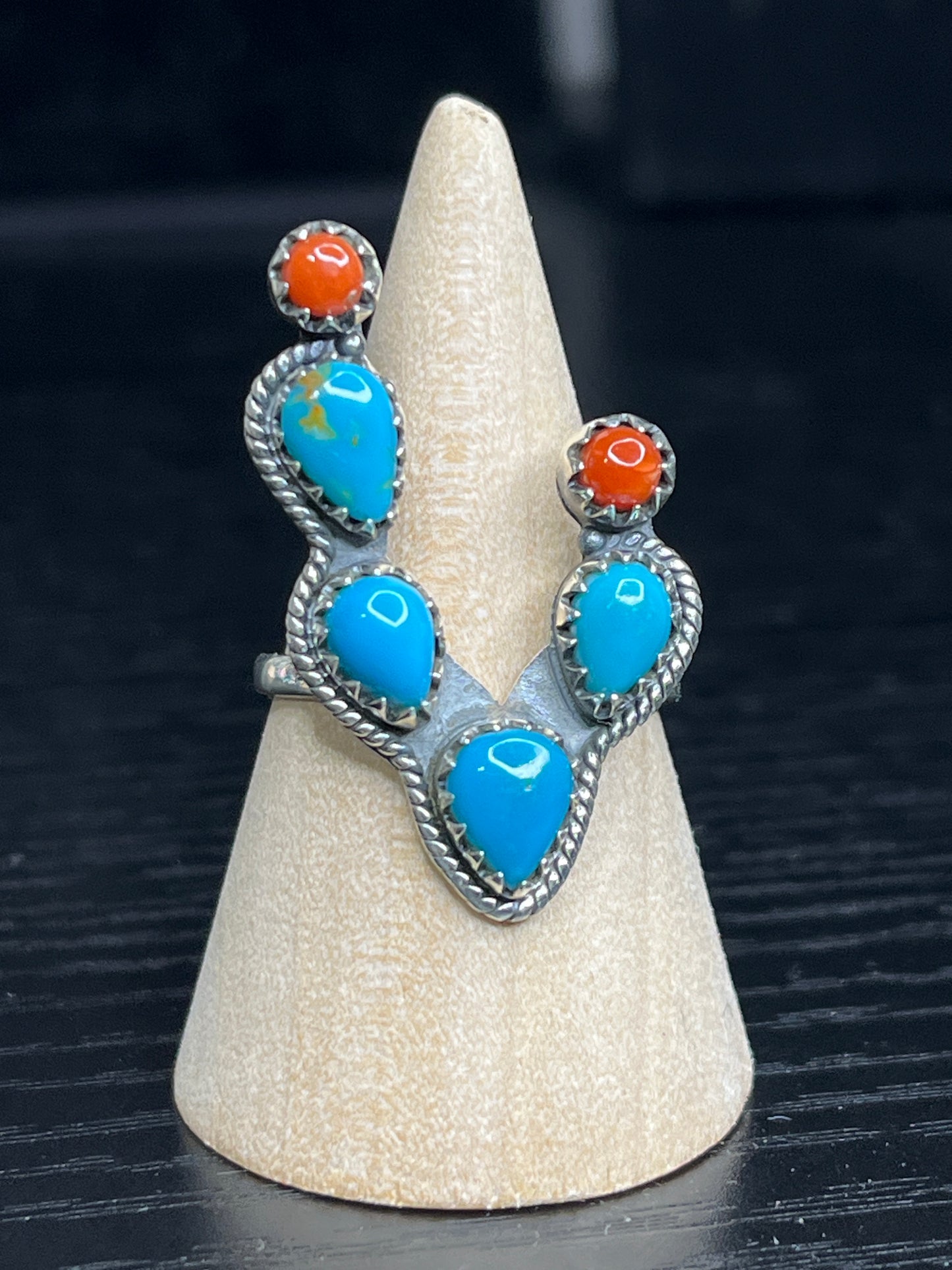Kingman Turquoise & Coral Sterling Silver Cactus Rings