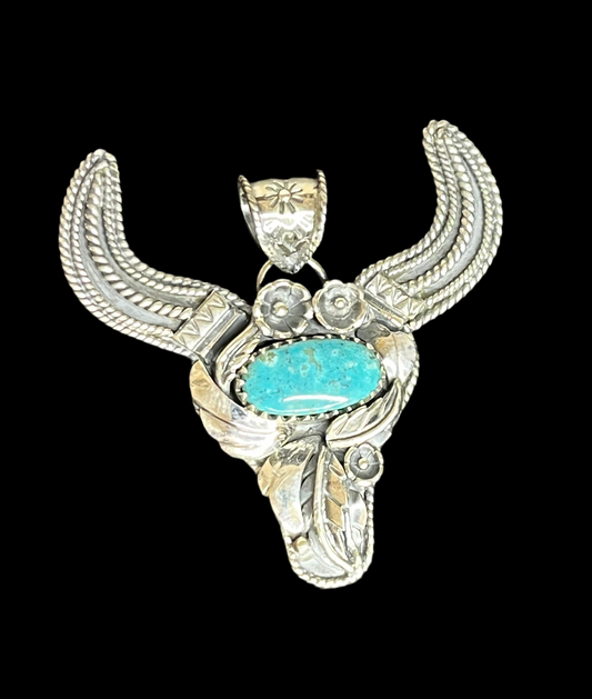 Kingman Turquoise Sterling Silver Bull Head Pendant