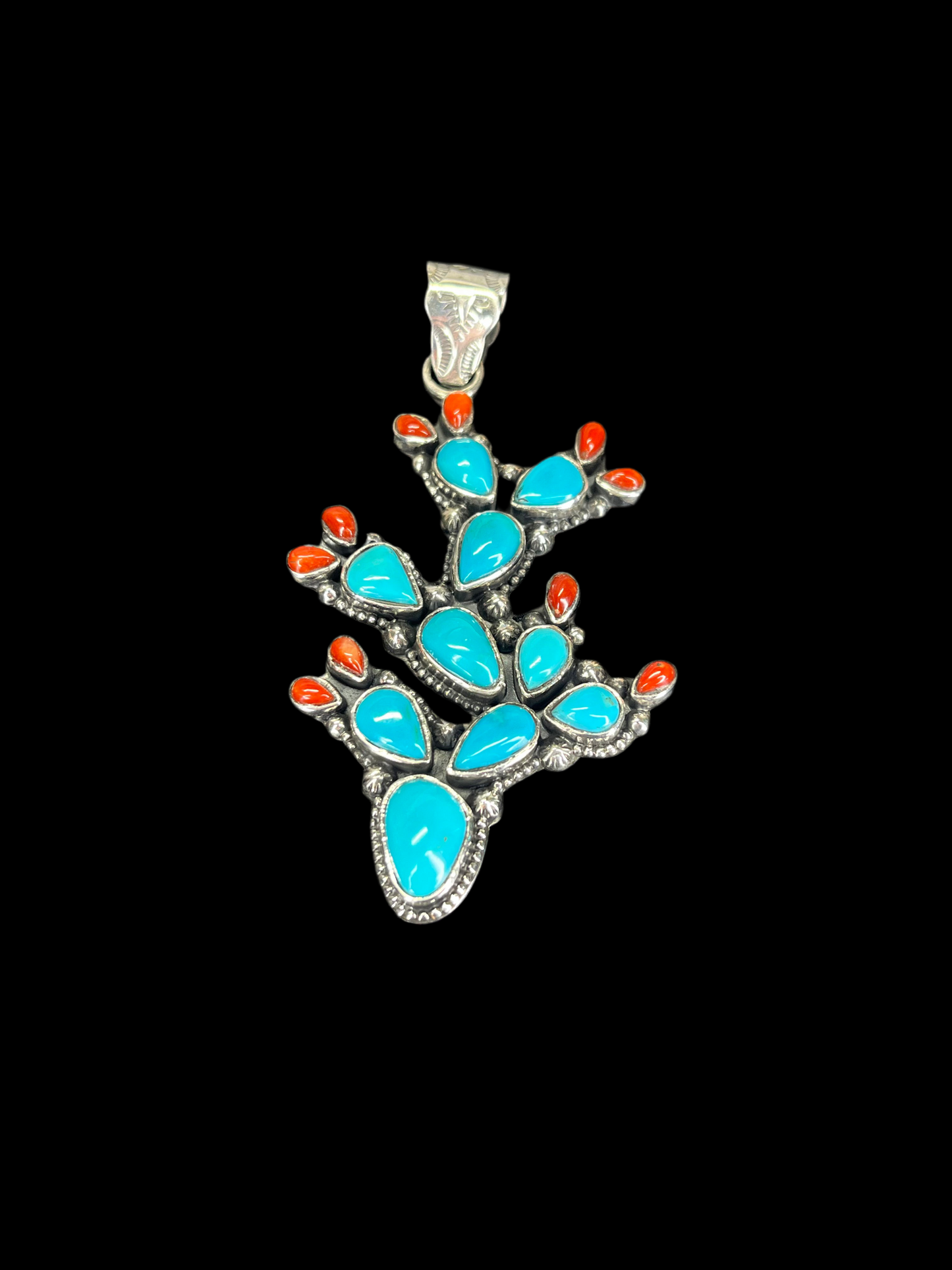 Kingman Turquoise & Coral Cactus Pendant