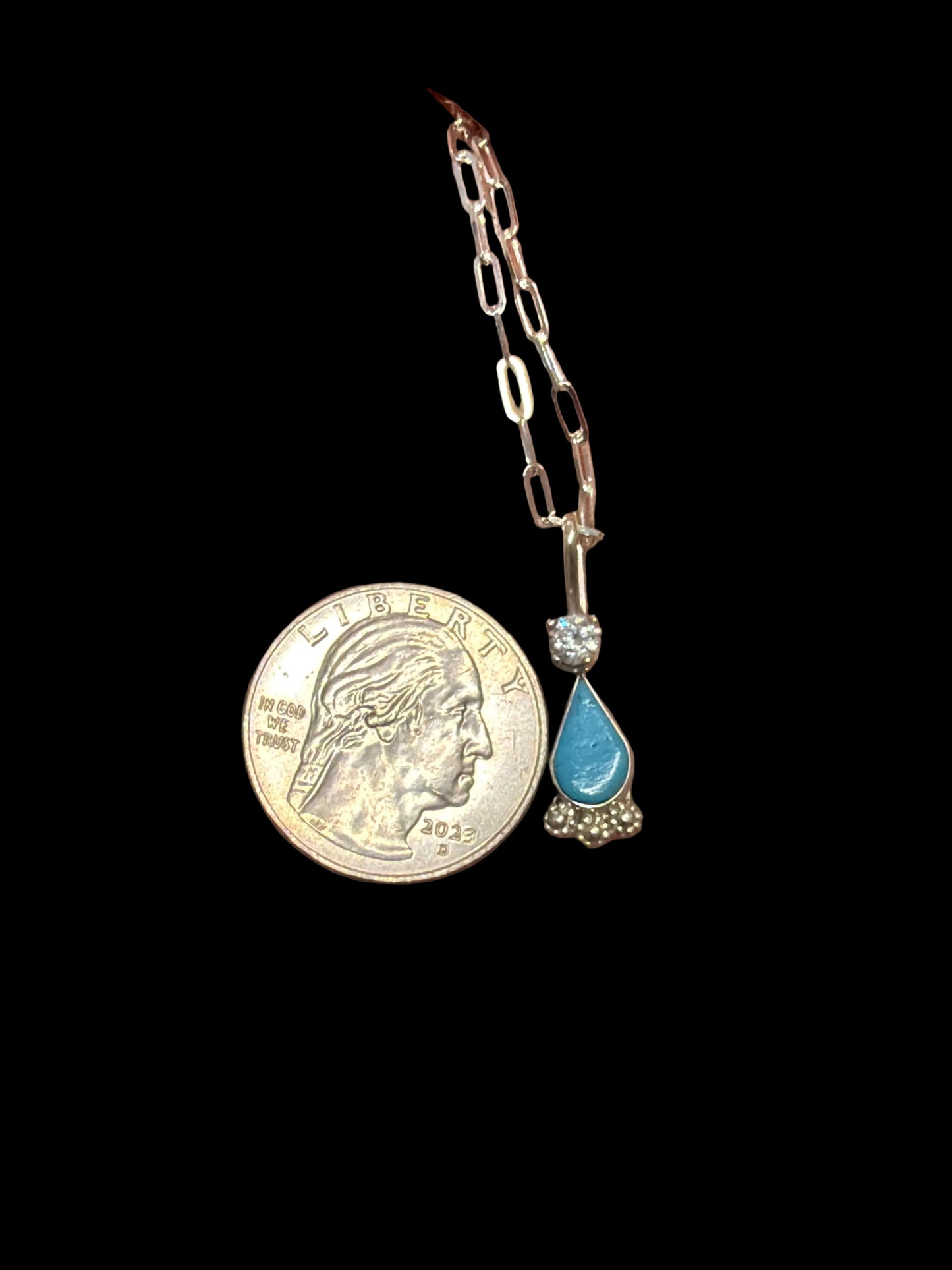 Zuni Signed Turquoise & CZ Pendant Necklace