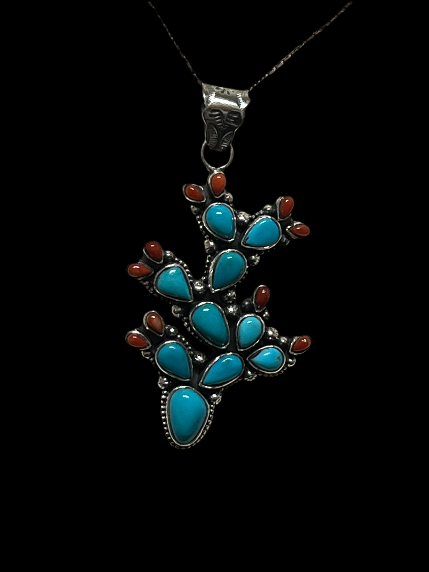 Kingman Turquoise & Coral Cactus Pendant