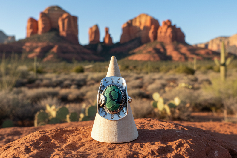 Handcrafted Kingman Turquoise Hat Ring - size 9.5