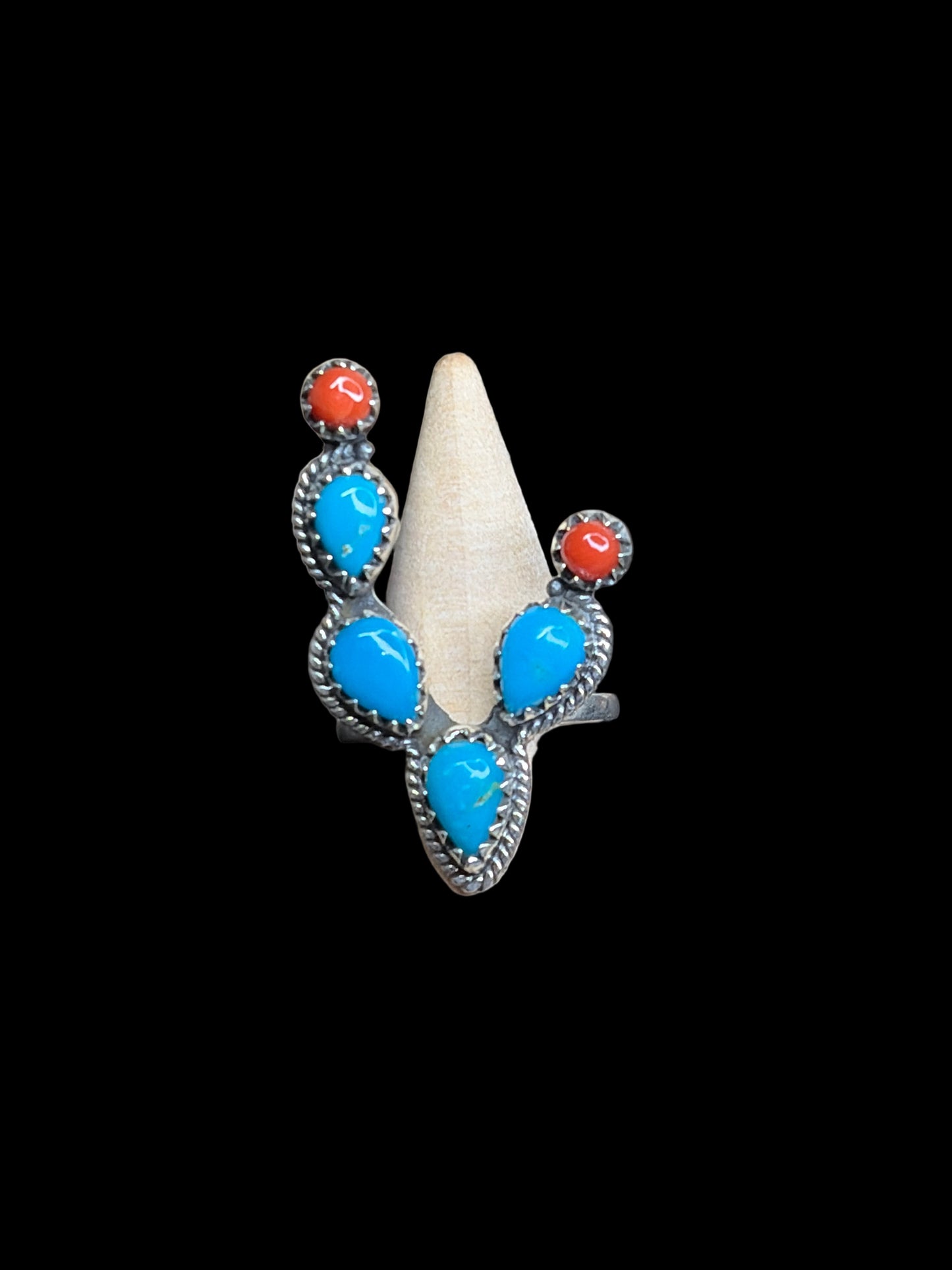 Kingman Turquoise, Coral, Pink Queen Conch Sterling Silver Cactus Rings