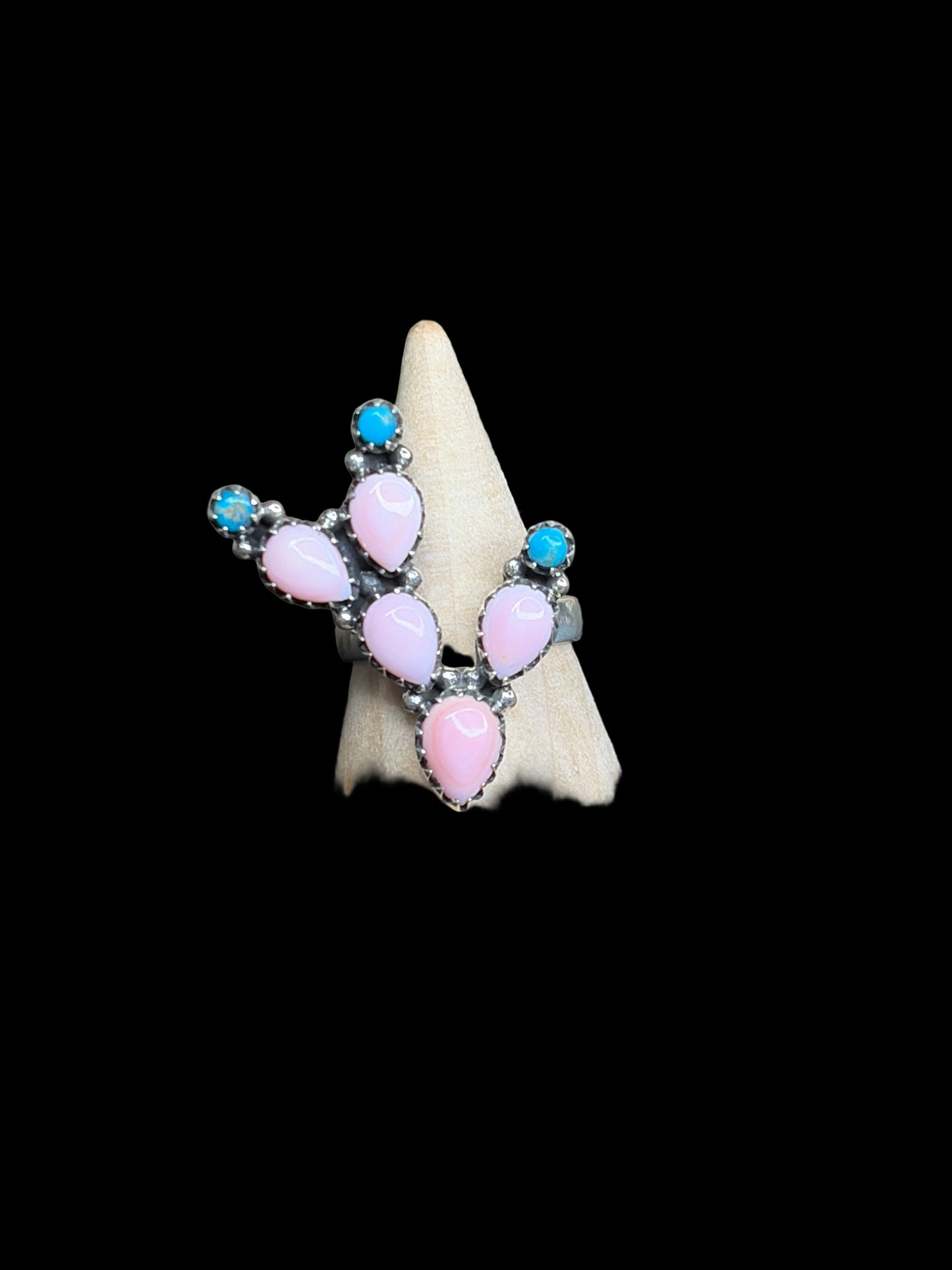Kingman Turquoise, Coral, Pink Queen Conch Sterling Silver Cactus Rings