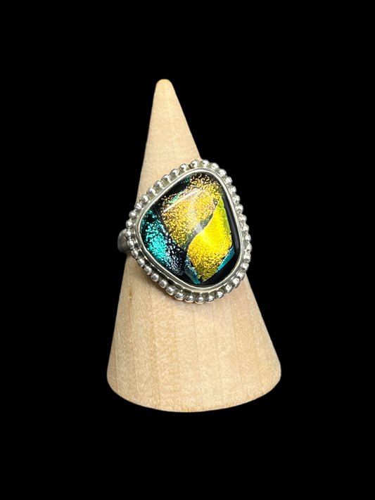 Dichroic Glass Sterling Silver Ring - size 9.5