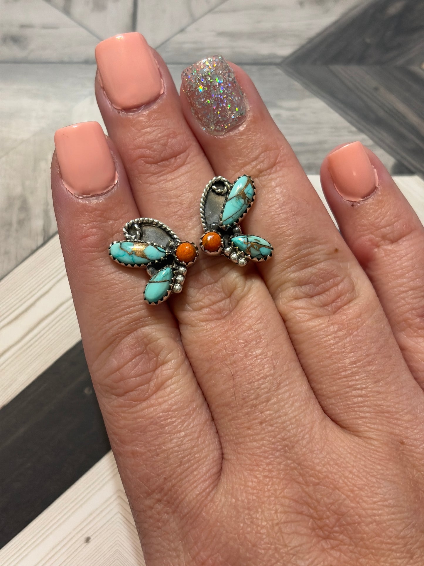 Mint Dahlia & Orange Mojave Floater Ring - size 8+