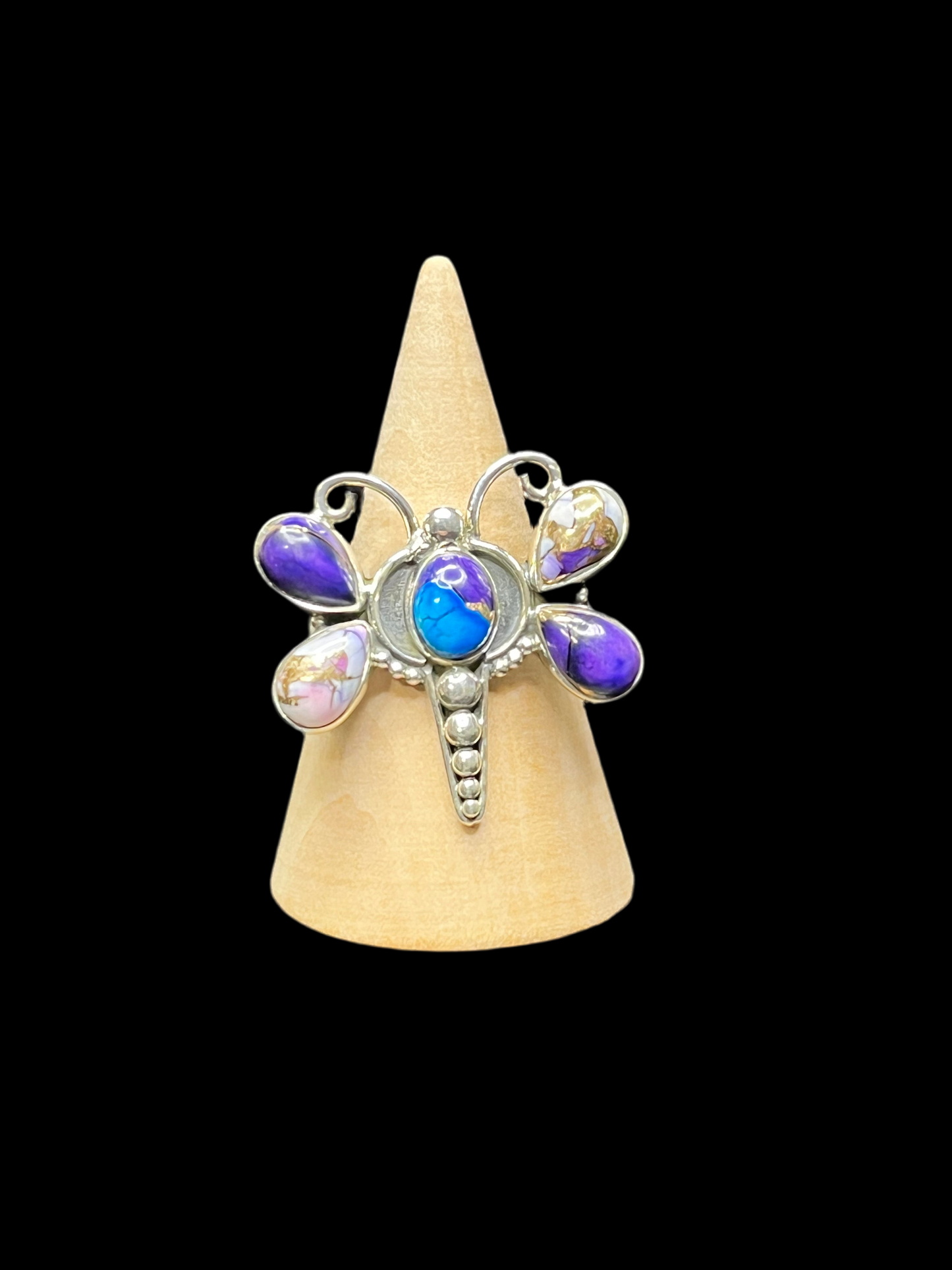 Purple Dahlia Dragonfly Sterling Silver Ring - size 10.25