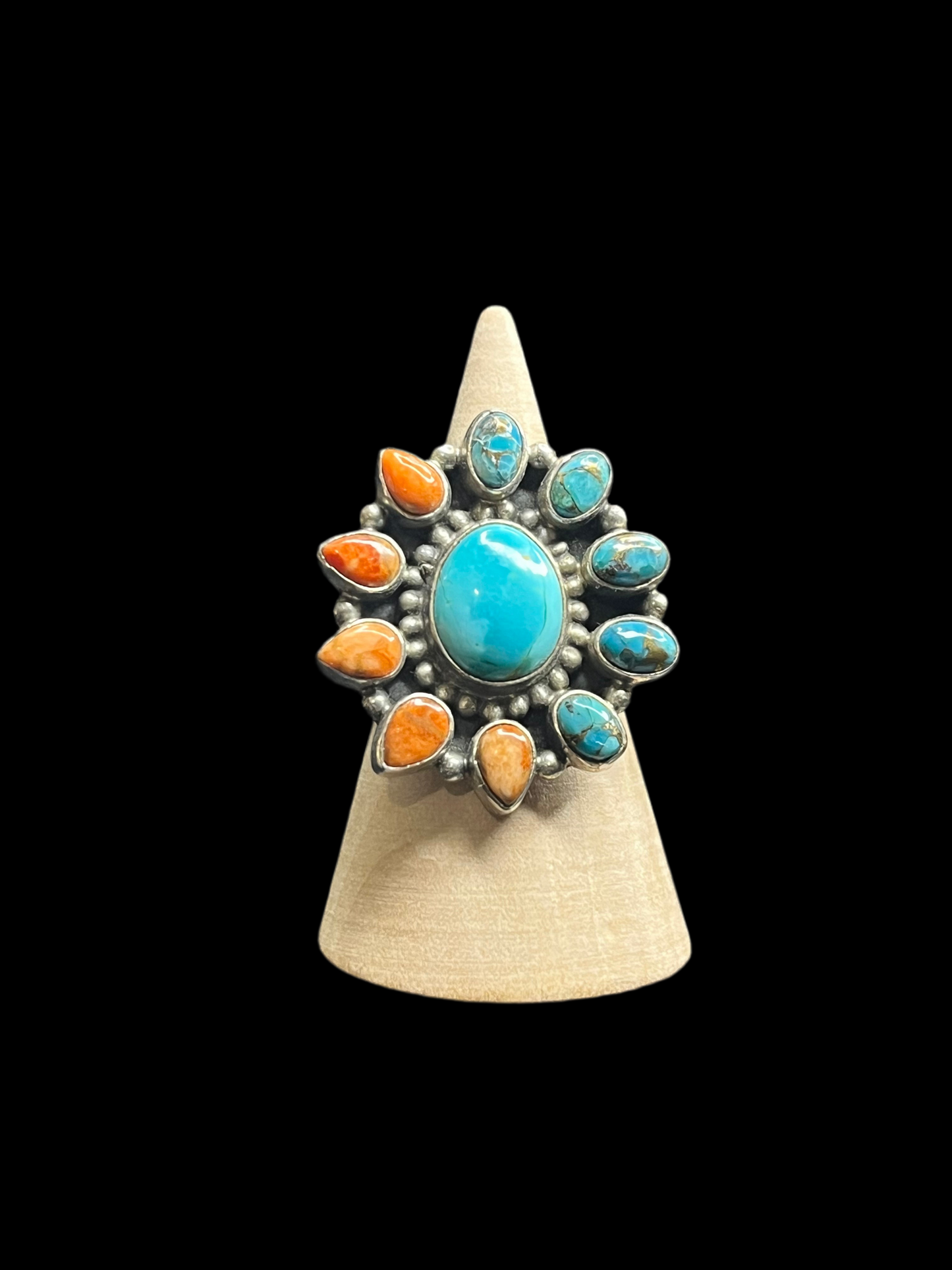 Mojave, Blue Copper Turquoise & Orange Spiny Ring - Adjustable